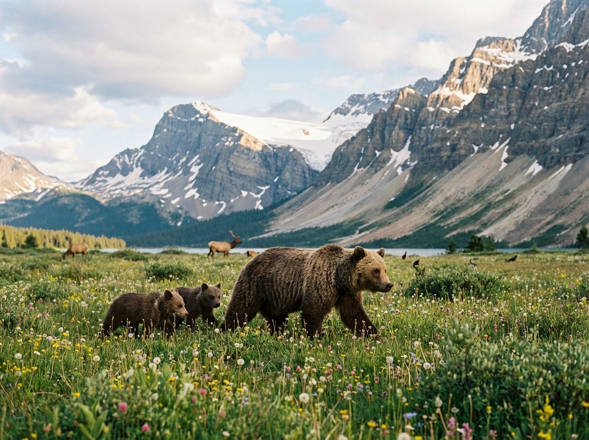 A mother grizzly bear and her cubs walking through a lush meadow in Banff National Park, wild animals in natural habitat, majestic mountains in background, soft natural lighting, 4:3