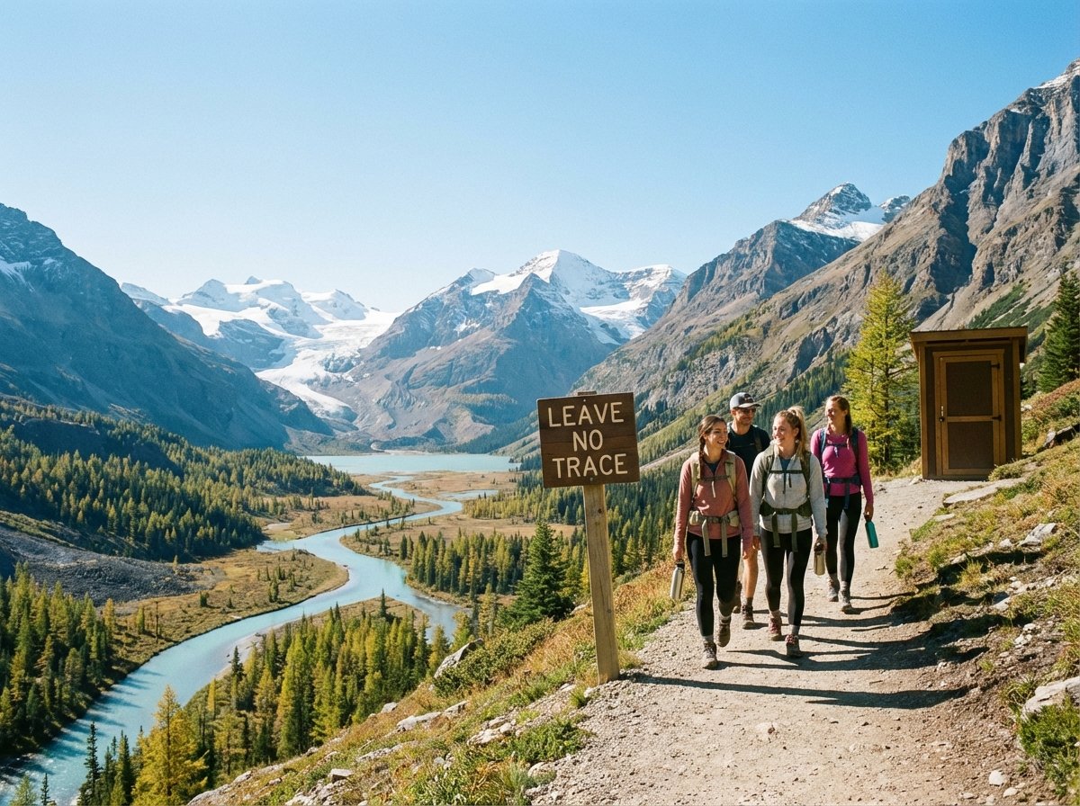 Hikers walking on a well-maintained trail overlooking a vast valley in the Canadian Rockies, eco-friendly tourism concept, clear blue sky, majestic mountain landscape, 4:3