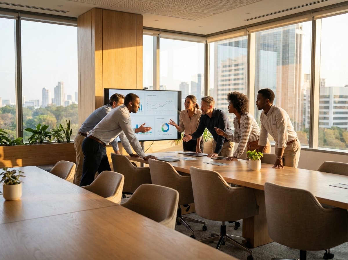 A professional photography style image showing a group of diverse tech executives in a modern boardroom discussing strategic policy. Warm lighting, natural setting, high-end office environment. No text. 4:3