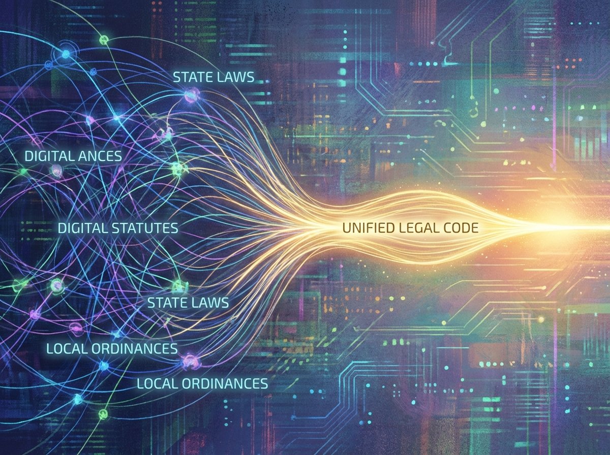 An artistic rendering of a complex web of digital data representing various state laws being unified into a single golden stream of light. Textured background, futuristic and hopeful atmosphere. 4:3