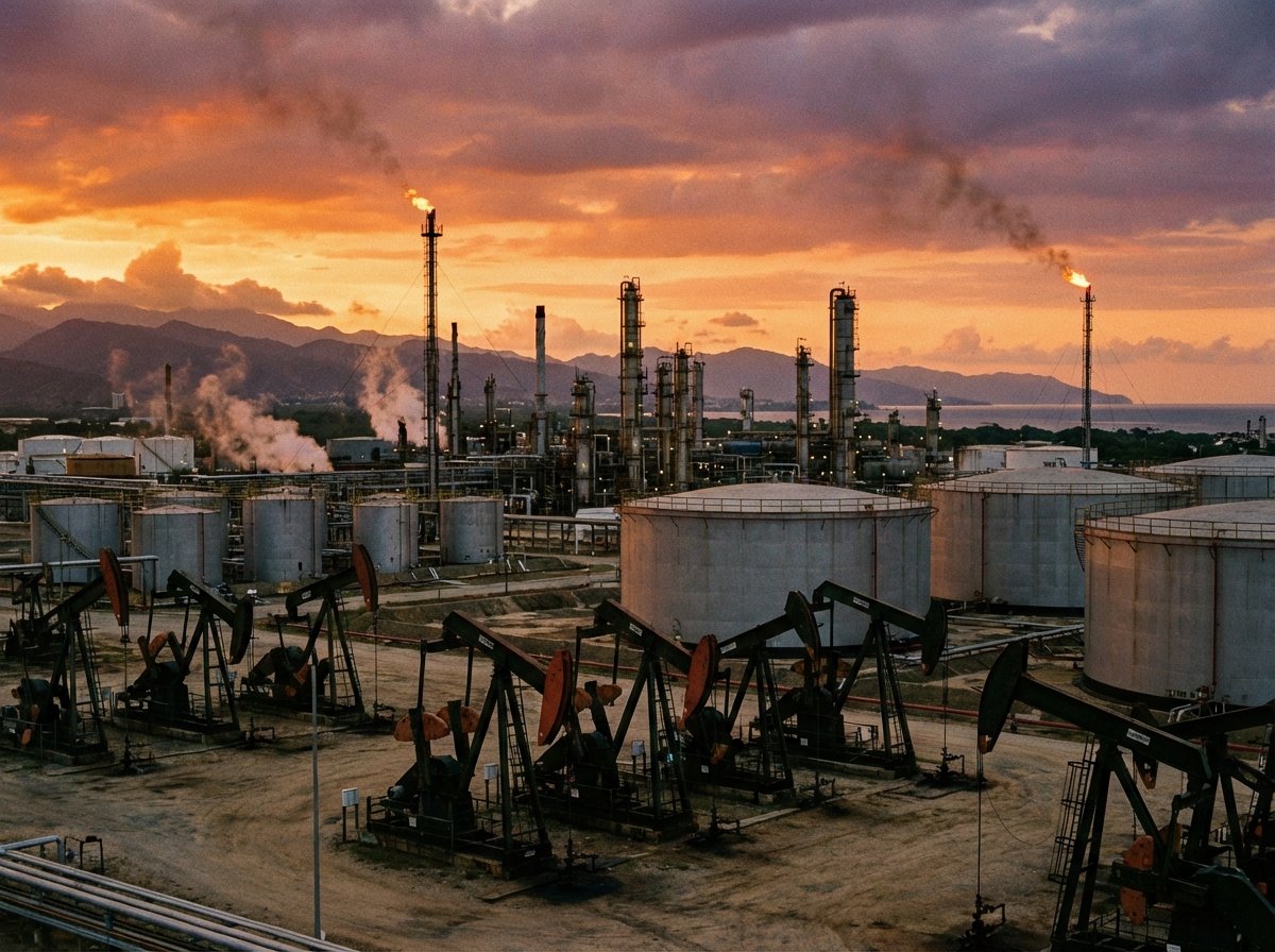 A wide angle view of an industrial oil refinery in Venezuela with oil pumps and storage tanks, sunset lighting in the background, cinematic atmosphere, 4:3