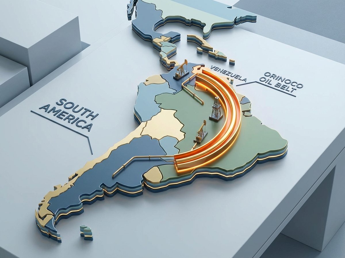 A stylized 3D map of South America highlighting the Orinoco Belt oil reserves in Venezuela, professional clean aesthetic, glowing highlights, 4:3