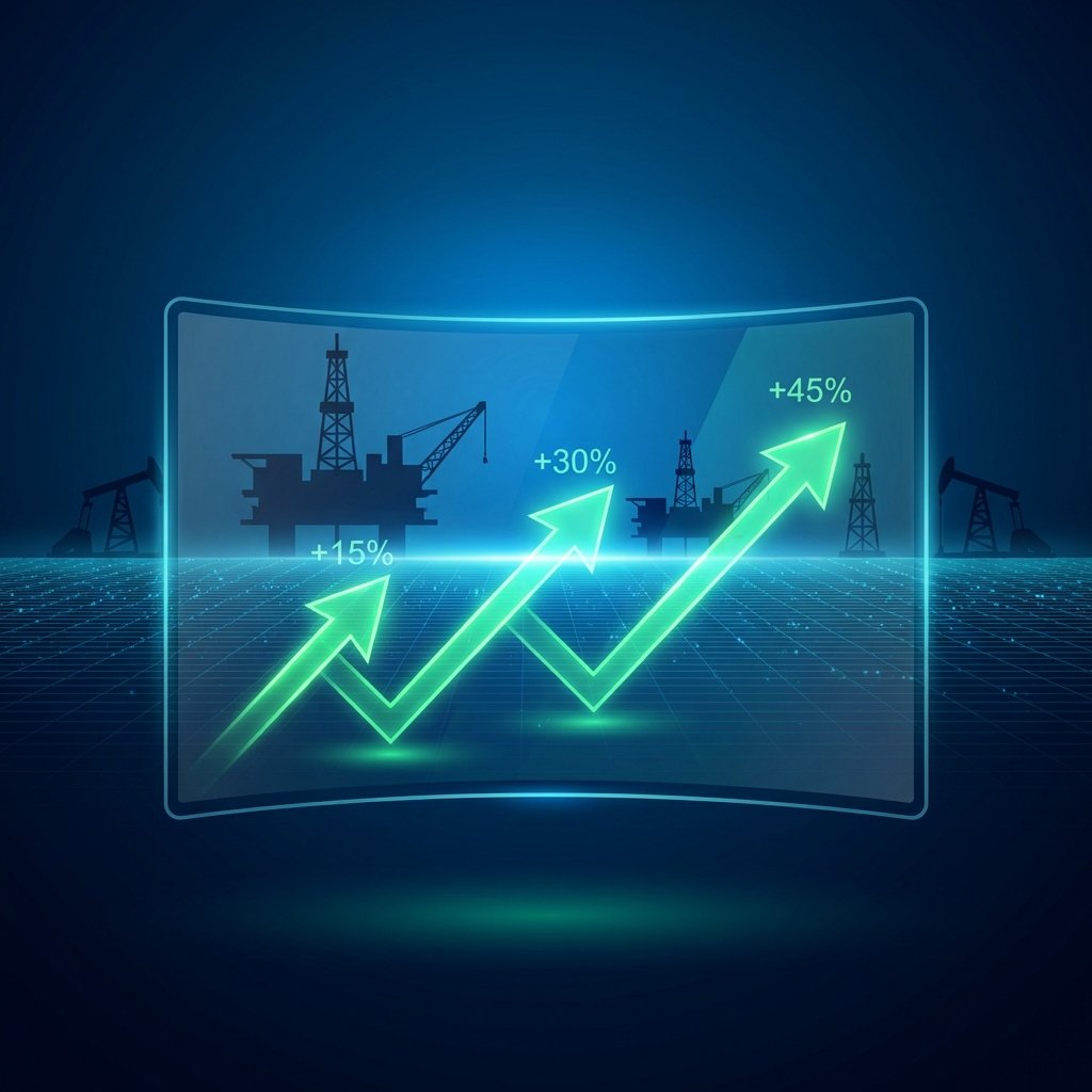 A conceptual image of financial growth showing rising green arrows on a digital display with oil rig silhouettes in the background, futuristic blue tones, 1:1