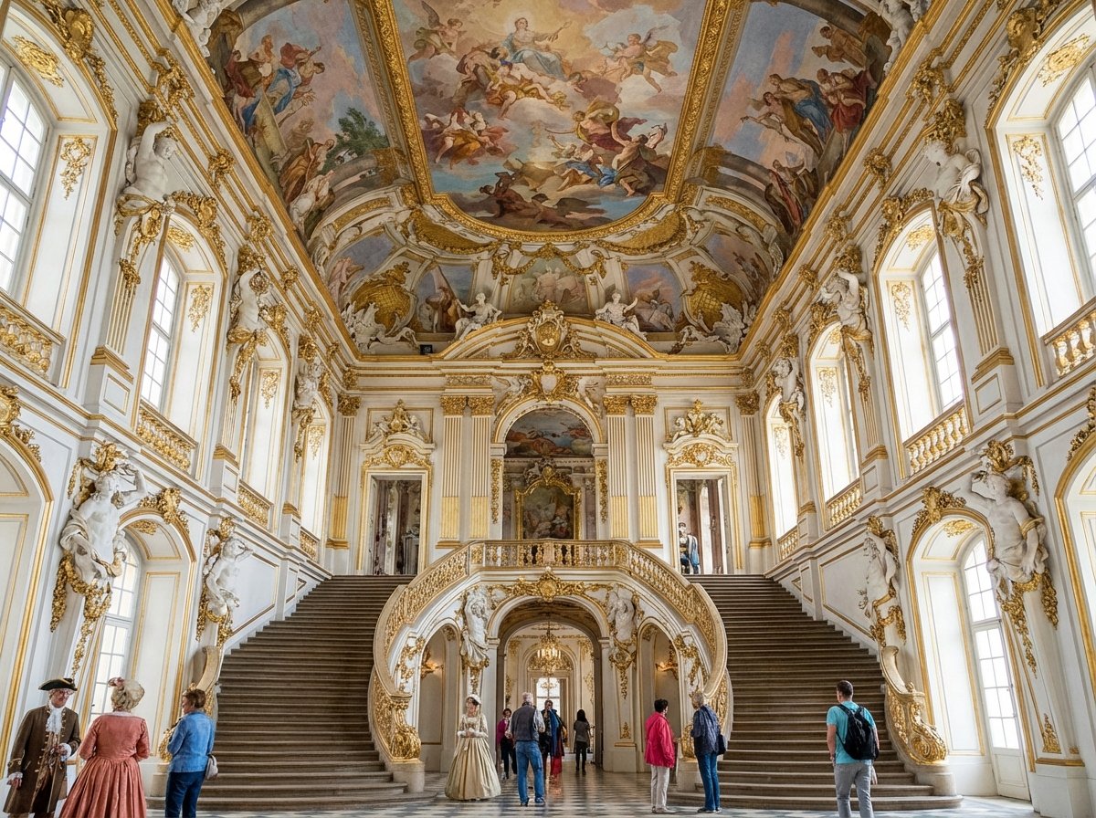 The magnificent interior staircase of Augustusburg Castle designed by Balthasar Neumann featuring ornate white stucco gold decorations and a vast colorful ceiling fresco. 4:3