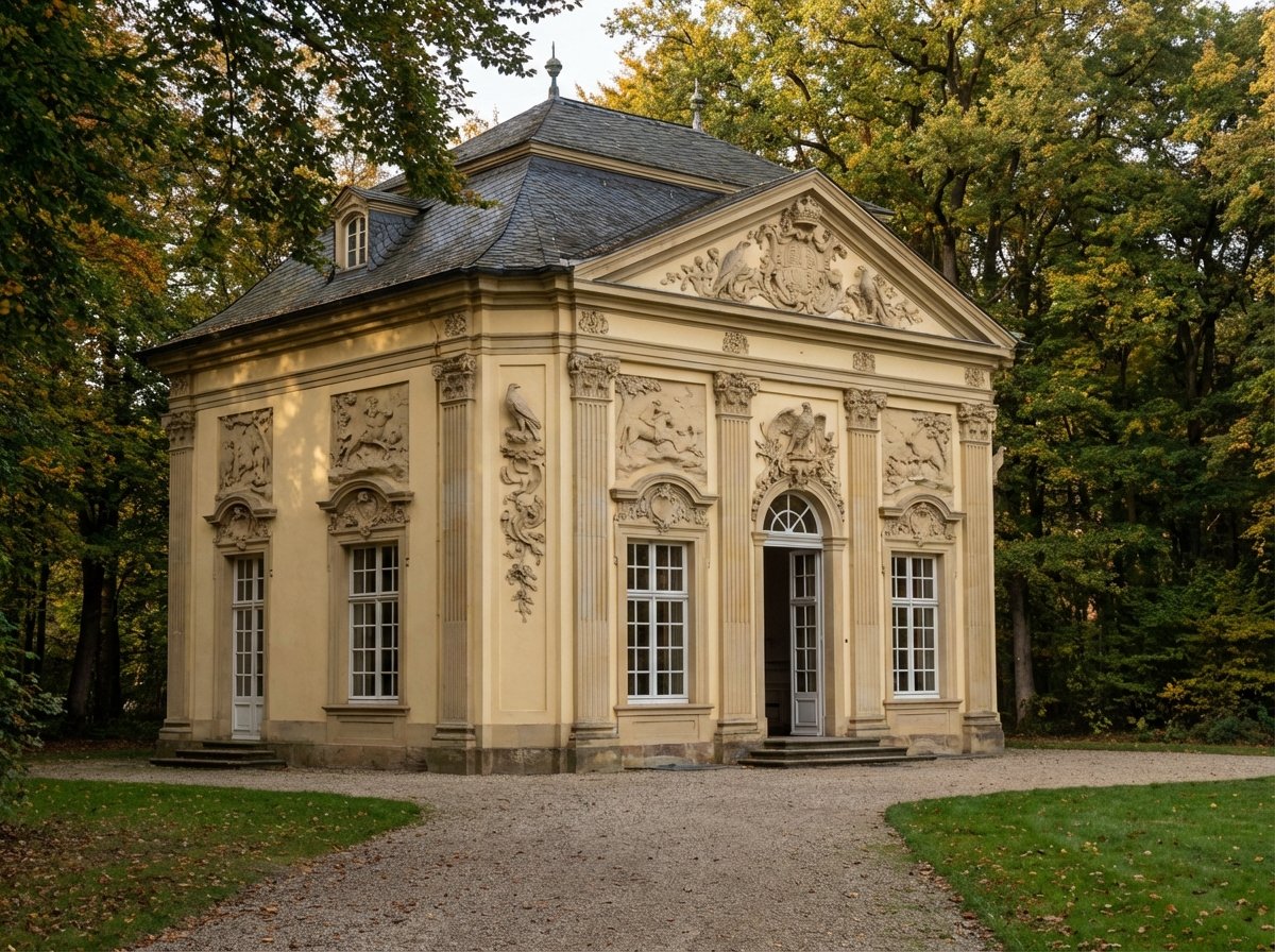 The Falkenlust hunting lodge in Bruhl Germany a small elegant Rococo style building situated near a forest with detailed stone carvings. 4:3