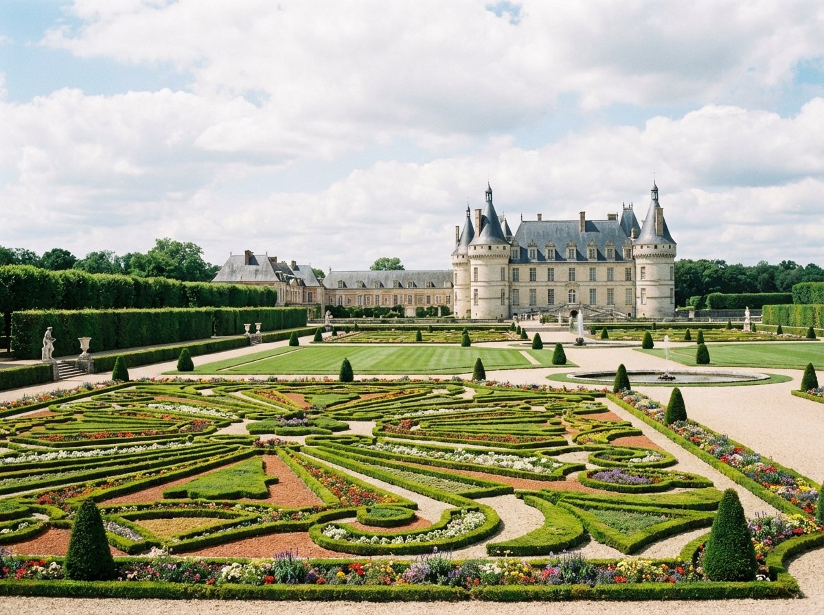 An expansive French-style garden with intricate geometric embroidery flower beds green manicured hedges and a distant view of the castle. 4:3