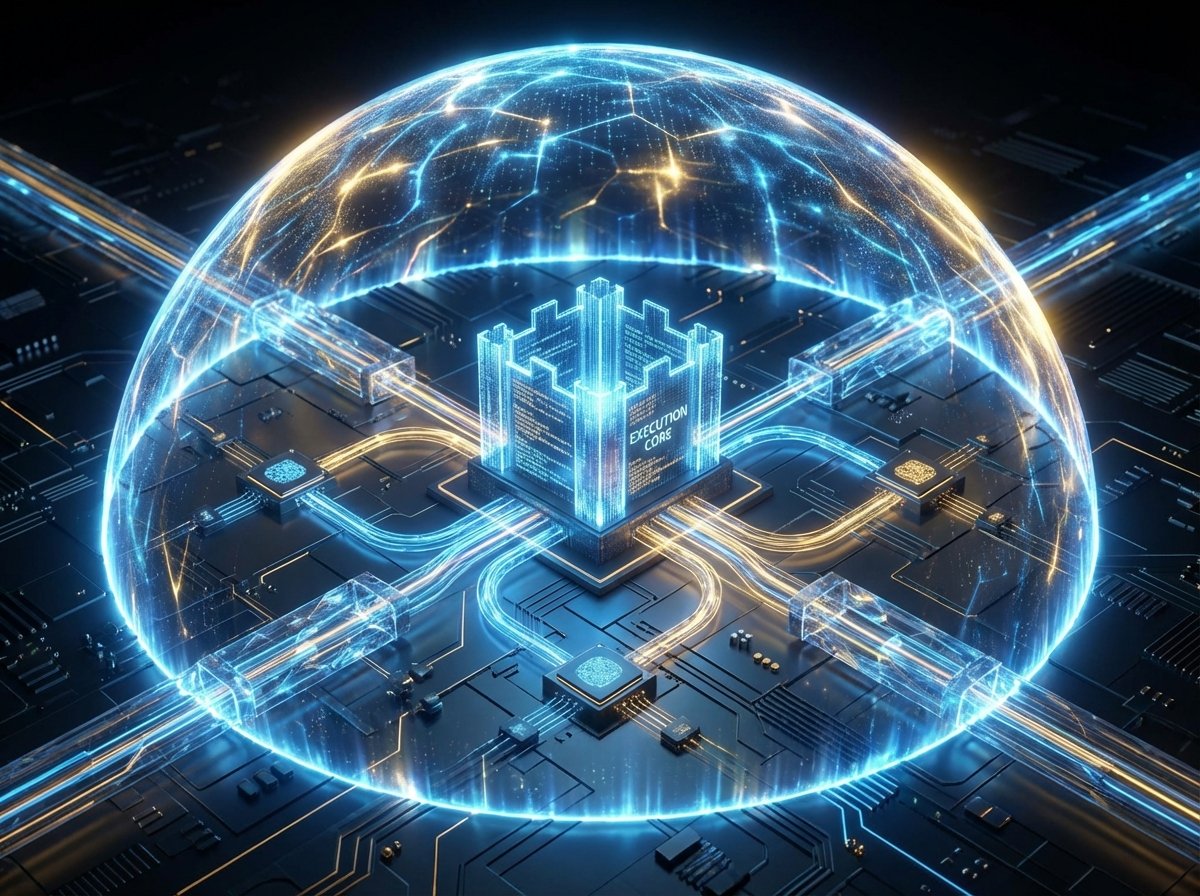 데이터 보안과 효율적인 실행 시스템을 상징하는 디지털 추상화
