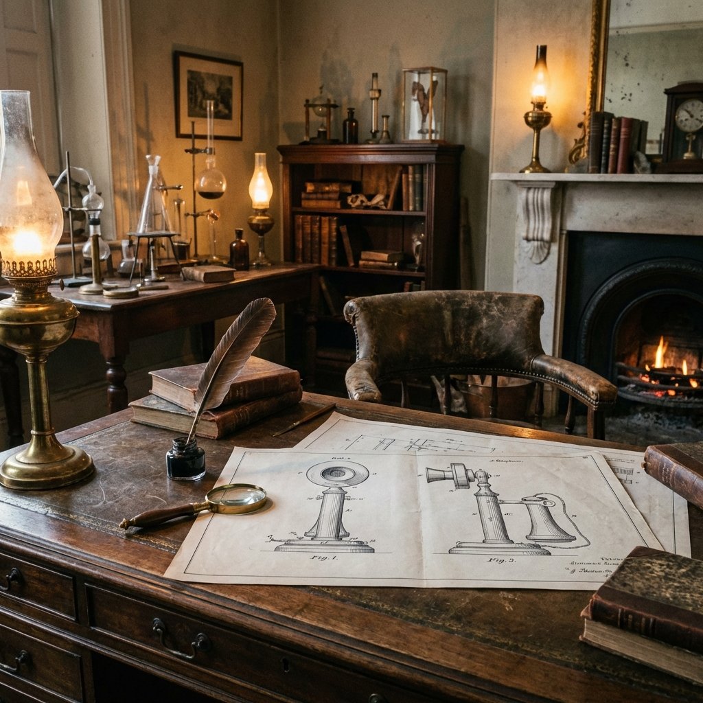 A vintage 19th-century scientific laboratory with a wooden desk, a feathered ink pen, magnifying glass, and detailed blueprints of an early telephone device. The atmosphere is scholarly and historical with warm gaslight illumination. 1:1