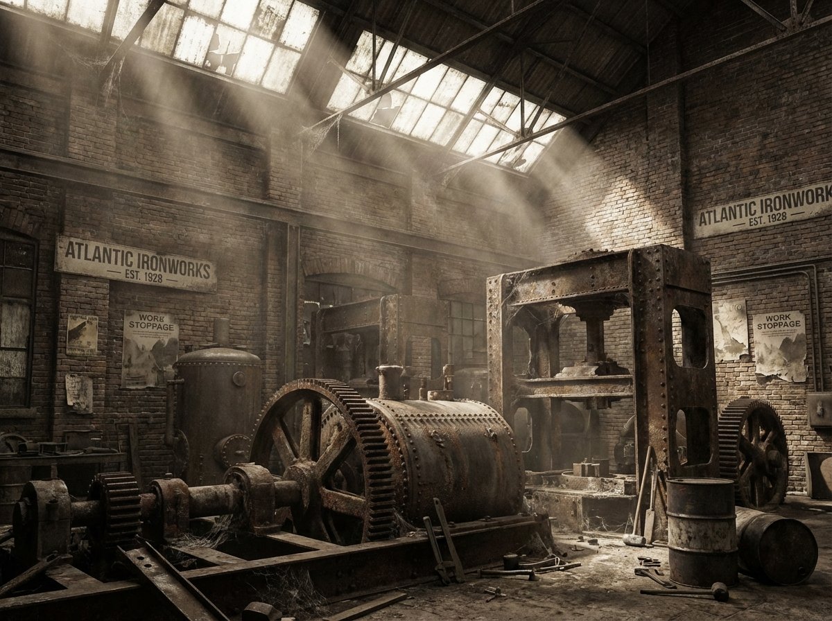 An abandoned industrial construction site from the 1930s, rusty large machinery, dusty atmosphere, dim natural light filtering through broken windows, symbolizing economic stagnation, 4:3