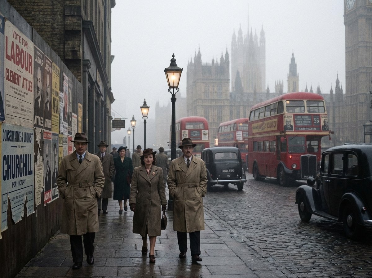 A classic 1940s London street with vintage election posters, people walking in suits and hats, foggy morning, realistic historical reconstruction, 4:3 aspect ratio, no text