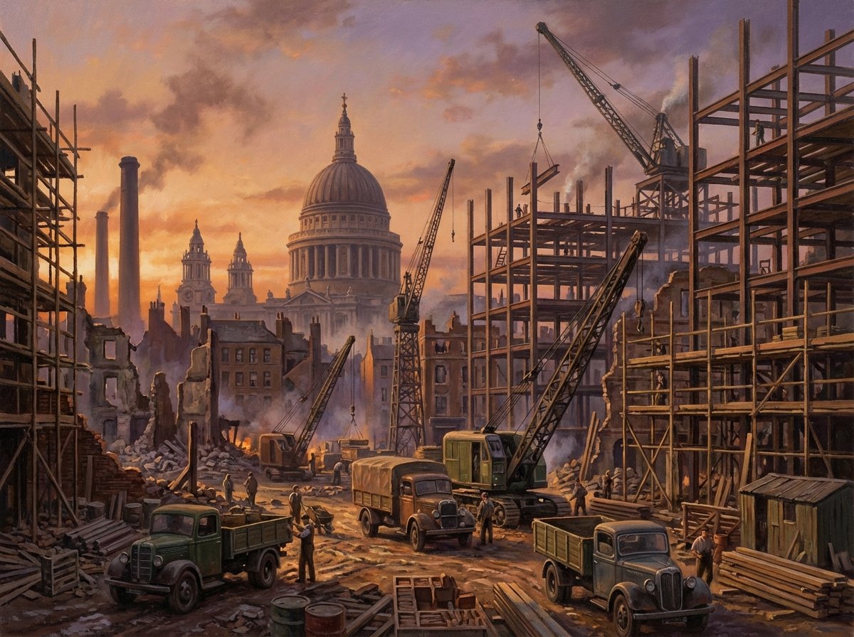 Construction site in post-war London 1946, cranes and scaffolding against the city skyline, sunset light, realistic artistic rendering, 4:3 aspect ratio, no text