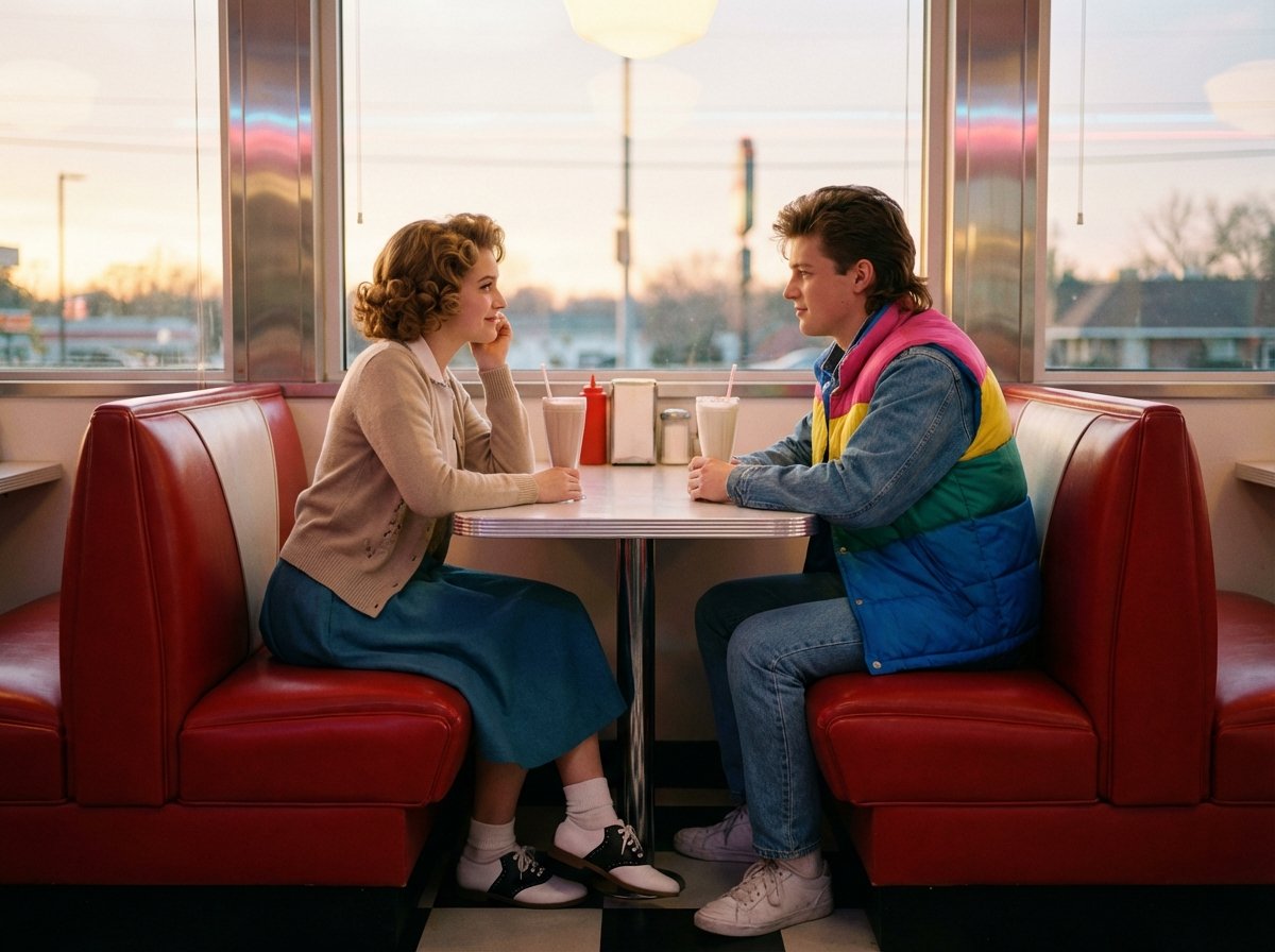 A nostalgic 1950s American diner scene, a teenage girl with 50s hairstyle looking admiringly at a boy wearing a 1980s vest, soft warm lighting, cinematic photography, 4:3 aspect ratio, no text