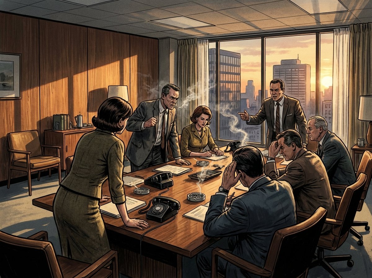A cinematic illustration of a high-tension political meeting in a 1960s office, dramatic lighting with long shadows, vintage furniture and rotary phones, no text, 4:3