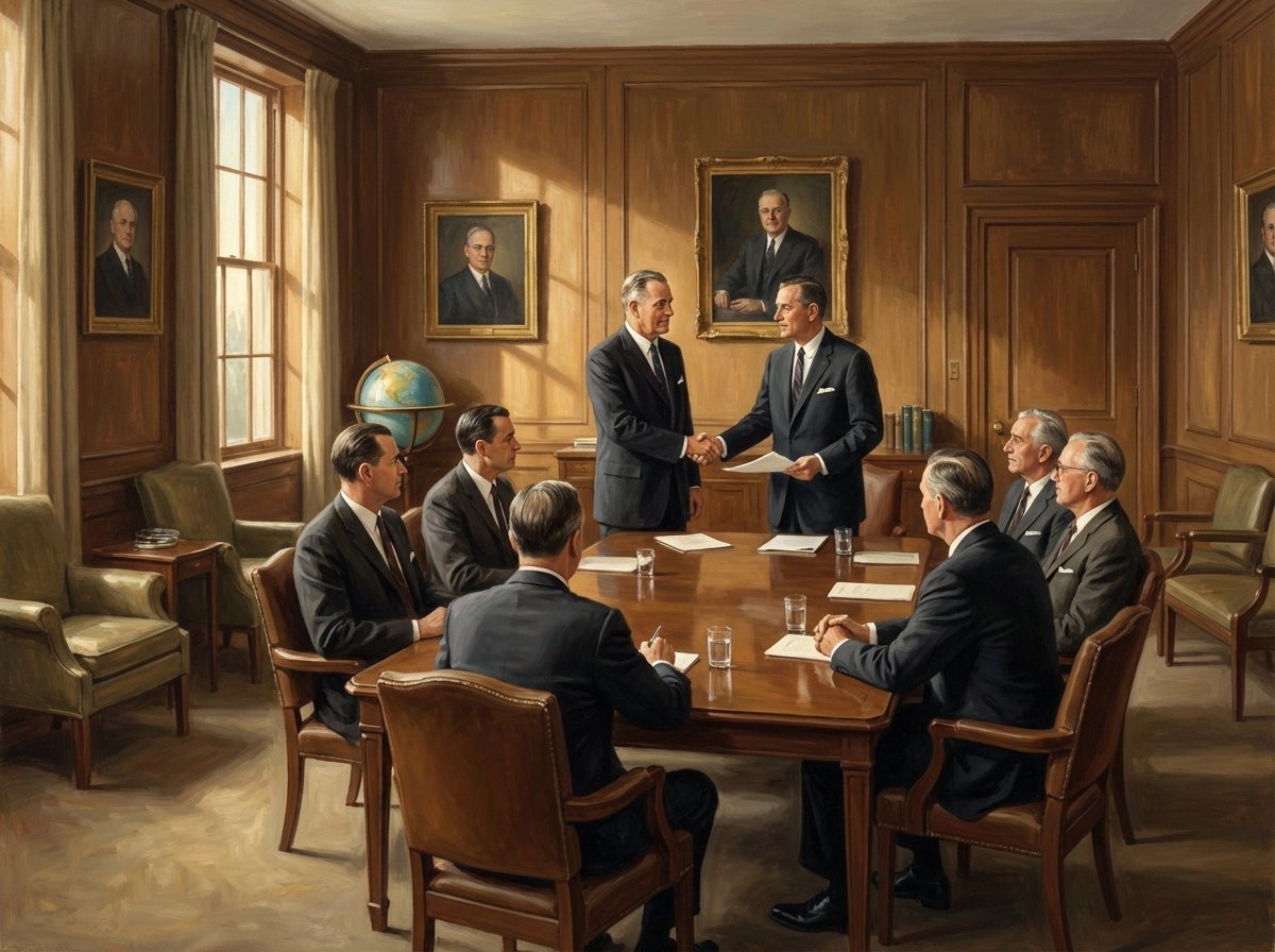 A realistic illustration of a diplomatic meeting between Korean and US officials in the 1960s, classic suits, historical office interior, soft natural lighting from a window, no text, 4:3
