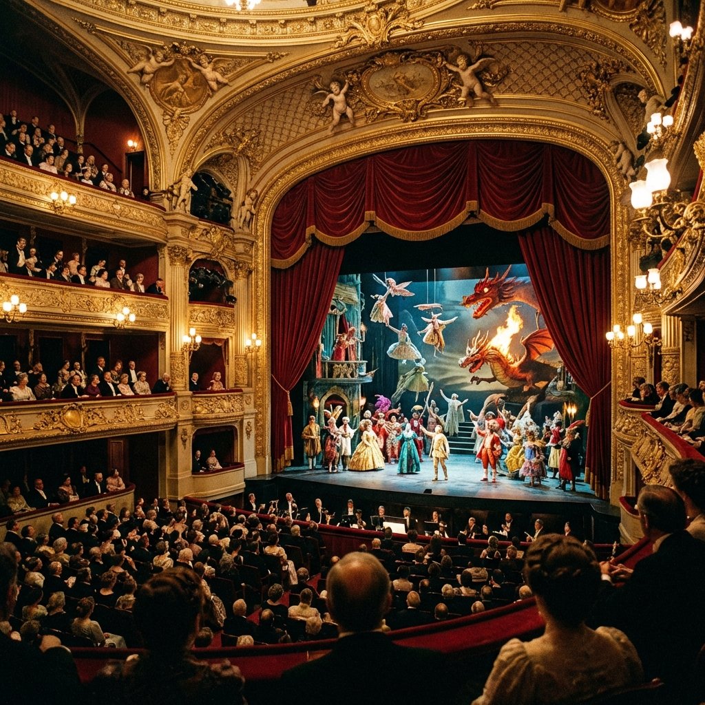 A grand, ornate 19th-century opera house with a vibrant and complex stage production, golden decorations, velvet curtains, detailed composition, high contrast, 1:1 ratio, no text.