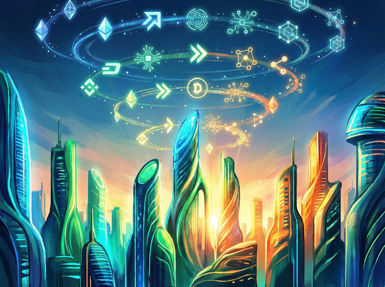 A stylized depiction of a bright, futuristic city with abstract cryptocurrency symbols floating in the air, symbolizing growth and opportunity. Use a vibrant color palette and a modern illustration style with no visible text. aspect ratio 4:3