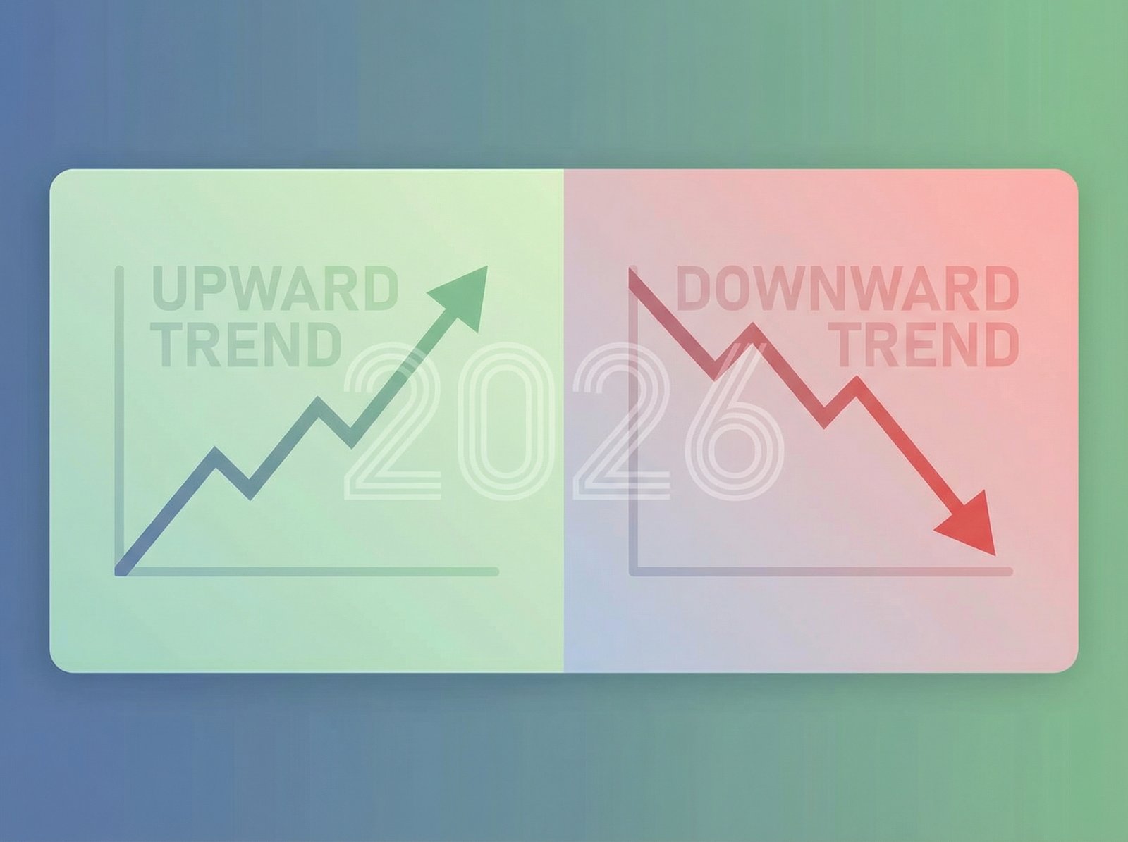 Informational style, a split stock market chart with two distinct trends, one going up and one going down, with "2026" text subtly integrated. Colored background, centered focus, no visible text, aspect ratio 4:3.