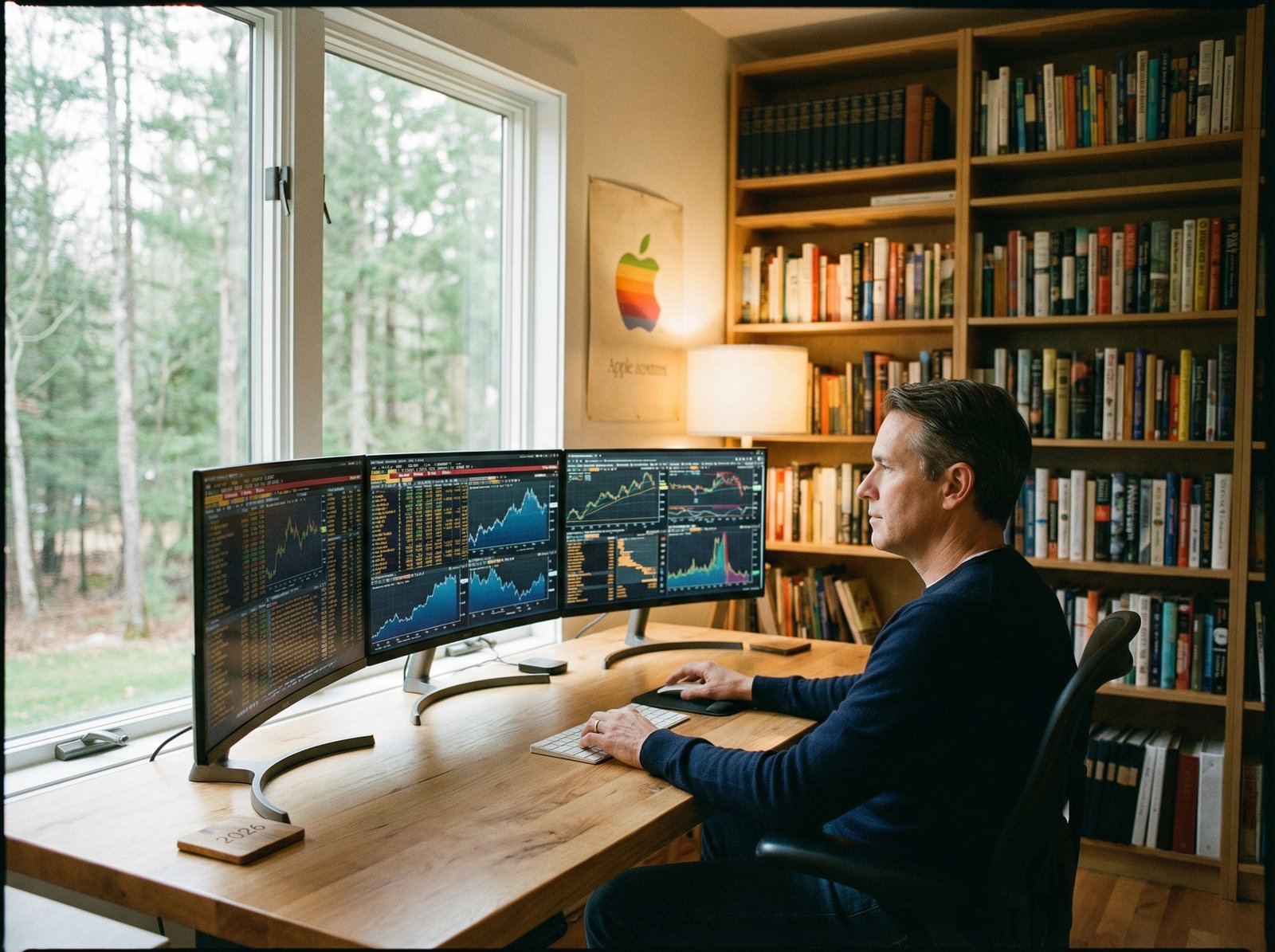 A calm and focused person looking at multiple financial screens, making an informed investment decision for 2026, with a hint of Apple branding in the background. Natural setting, balanced lighting. Aspect ratio 4:3, no visible text.
