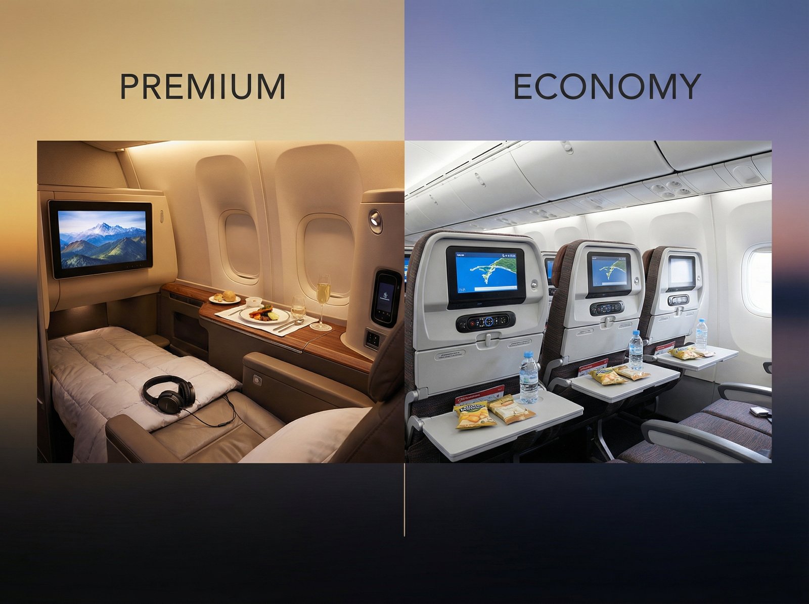A visually rich, informational image showing a clear distinction between a luxurious premium airline cabin and a more compact economy class cabin. The composition should be full, centered focus with a colored or gradient background. No visible text, no Korean text, aspect ratio 4:3.