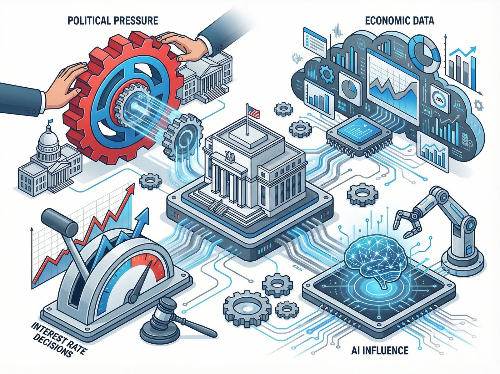 A complex, modern infographic illustrating the challenges facing the Federal Reserve in 2026. It should feature elements representing political pressure, economic data, interest rate decisions, and the influence of AI on growth. Use a clean, high-contrast layout with a blue and grey color scheme. No visible text, 4:3 aspect ratio.