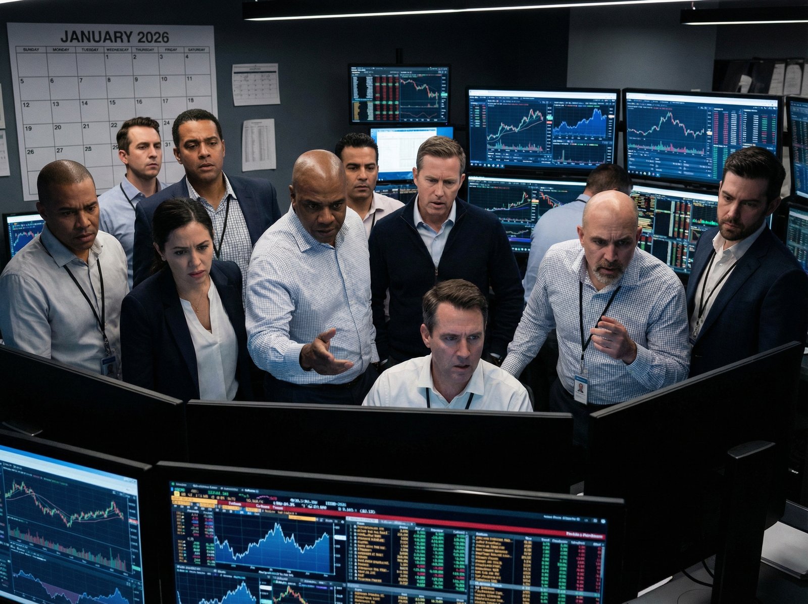A diverse group of traders looking at multiple screens showing various stock market charts, a calendar showing early 2026, dynamic and slightly worried expressions, informational style, high contrast, aspect ratio 4:3, no visible text, no Korean text