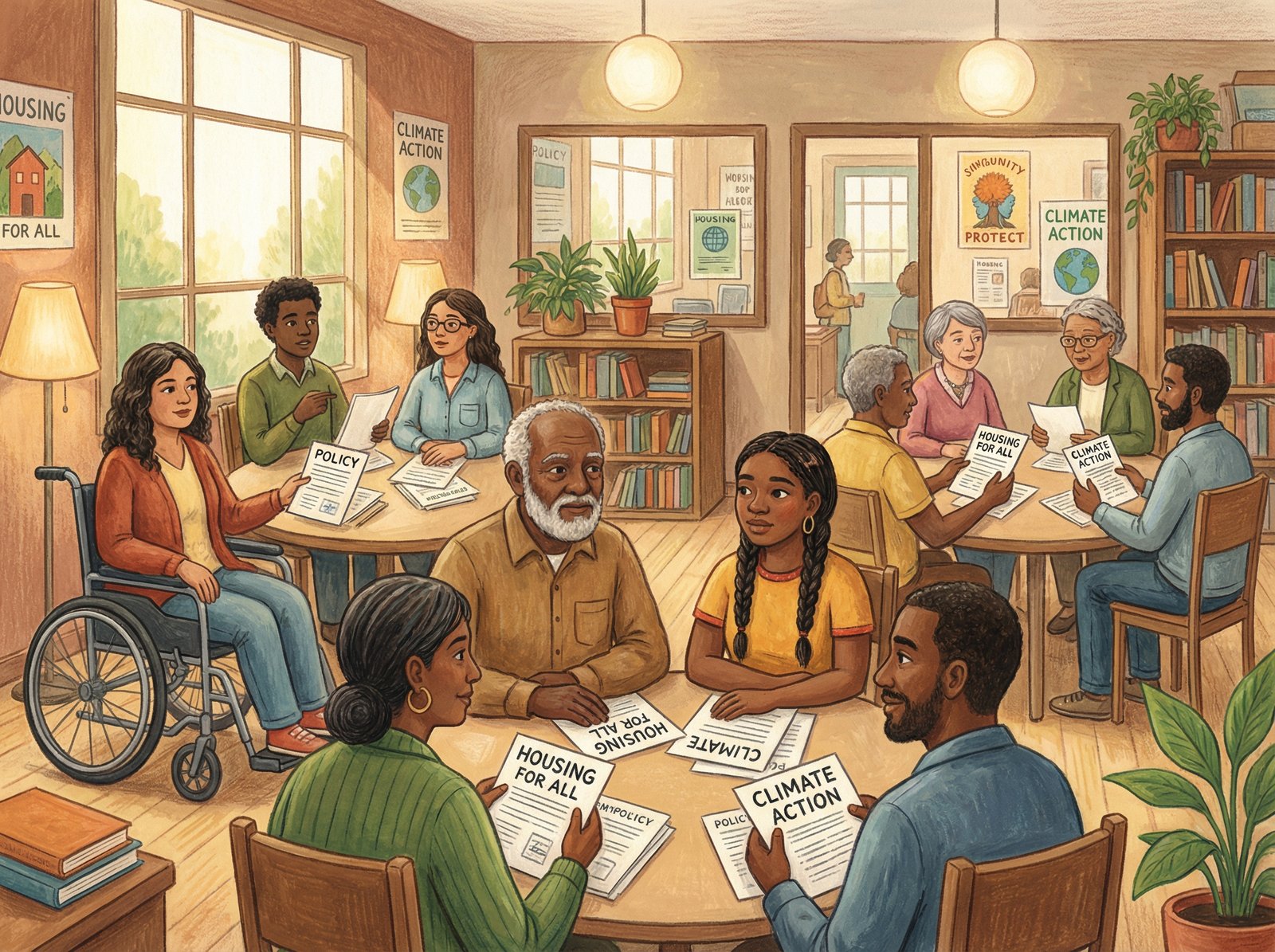 A warm textured illustration of diverse people discussing policy papers in a community center, thoughtful expressions, soft indoor lighting, 4:3