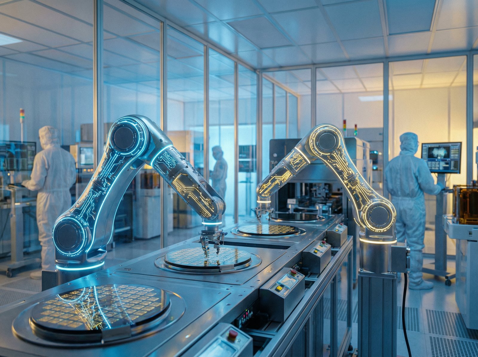 A high-tech semiconductor cleanroom with robotic arms assembling advanced memory chips, glowing blue and gold circuitry, futuristic atmosphere, professional photography style, 4:3 aspect ratio, no text