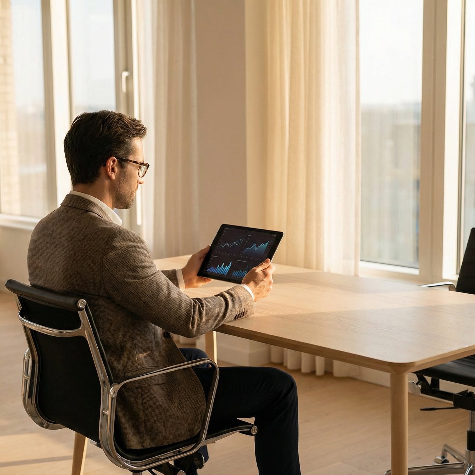 A professional and sophisticated person in a modern minimalist office looking at a digital tablet displaying financial growth charts, warm natural lighting, 1:1 aspect ratio, no text