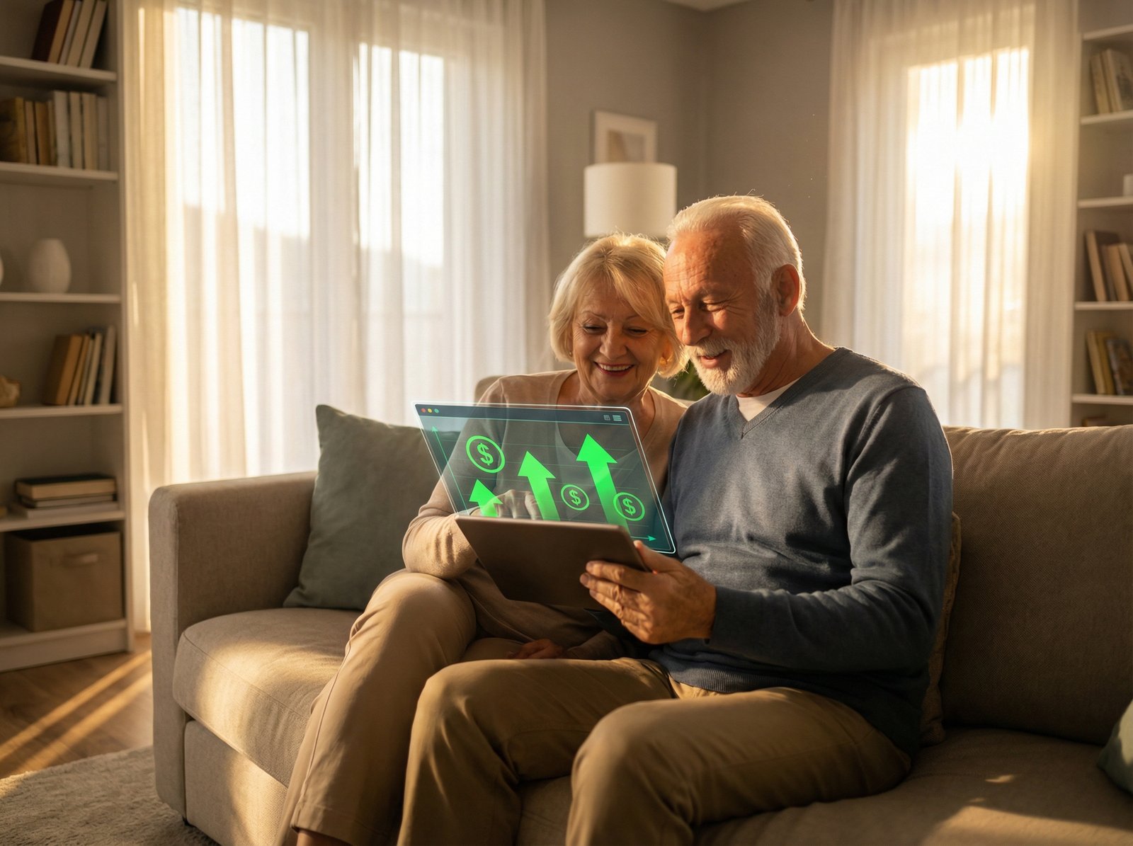 A happy senior couple in their 70s looking at a digital tablet together in a sunlit living room showing a financial app with upward arrows and dollar signs, modern and warm atmosphere, high contrast, 4:3 aspect ratio, no text