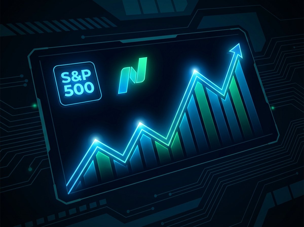 A modern financial dashboard showing a rising stock market graph with S&P 500 and Nasdaq logos, high contrast, blue and green color palette, clean 4:3 aspect ratio, no text.
