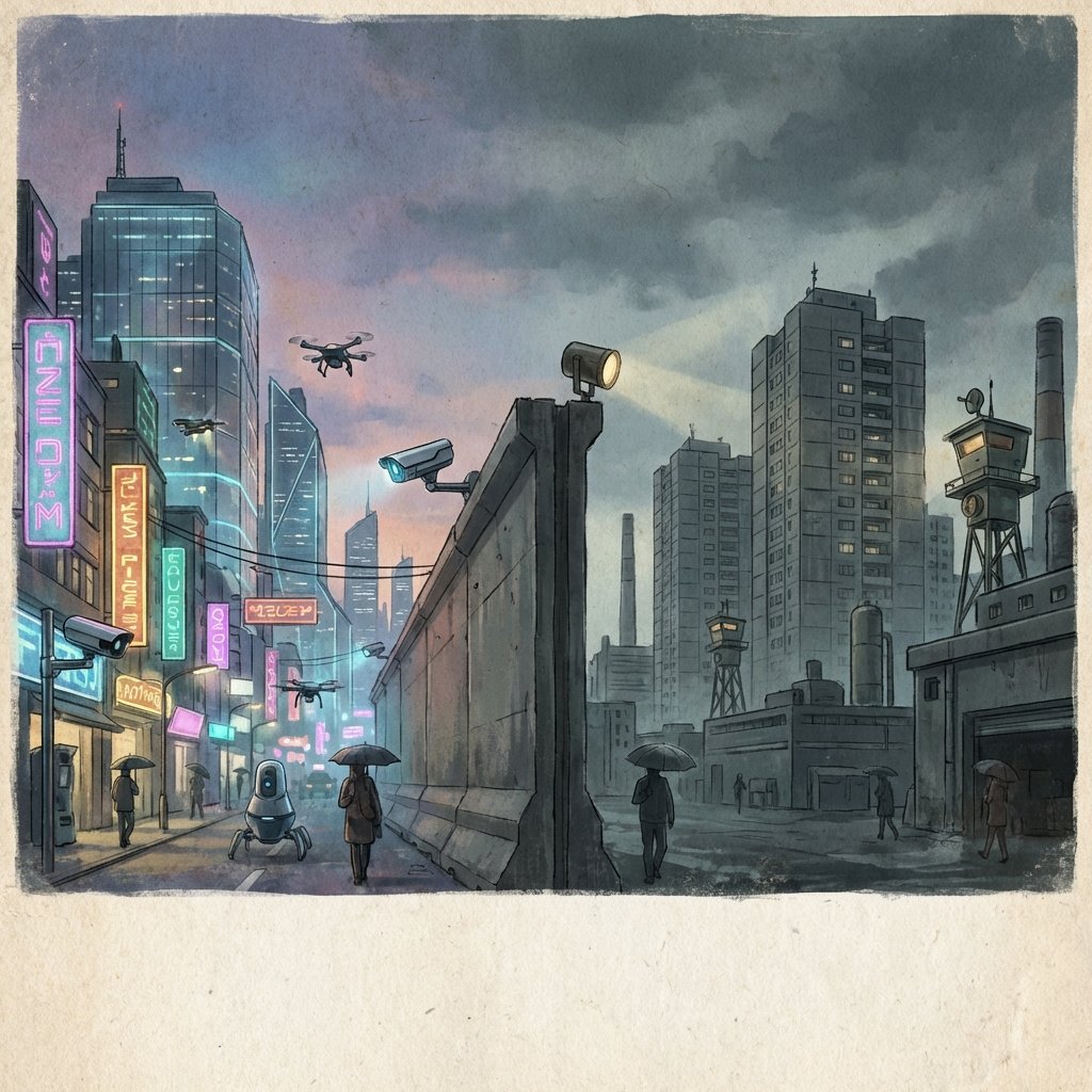 A cinematic illustration of the Berlin Wall surviving into 2026, featuring high-tech surveillance cameras and drones, contrasting a bright neon West Berlin with a dim brutalist East Berlin, artistic rendering, textured background, no text, 1:1 aspect ratio
