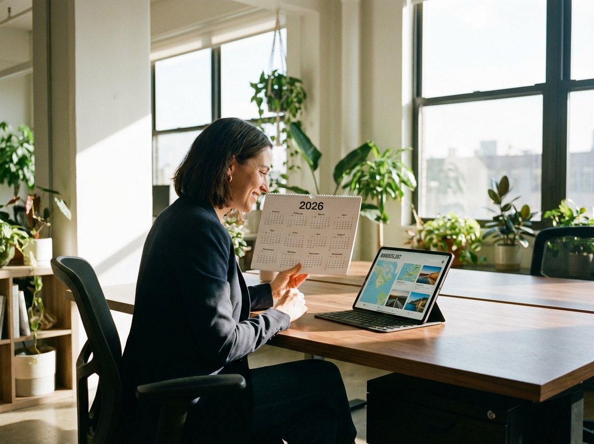 A professional person sitting at a modern wooden desk, looking at a 2026 wall calendar and a digital tablet with a vacation planning app, bright natural sunlight, office setting with plants, high resolution, 4:3 aspect ratio, no text.
