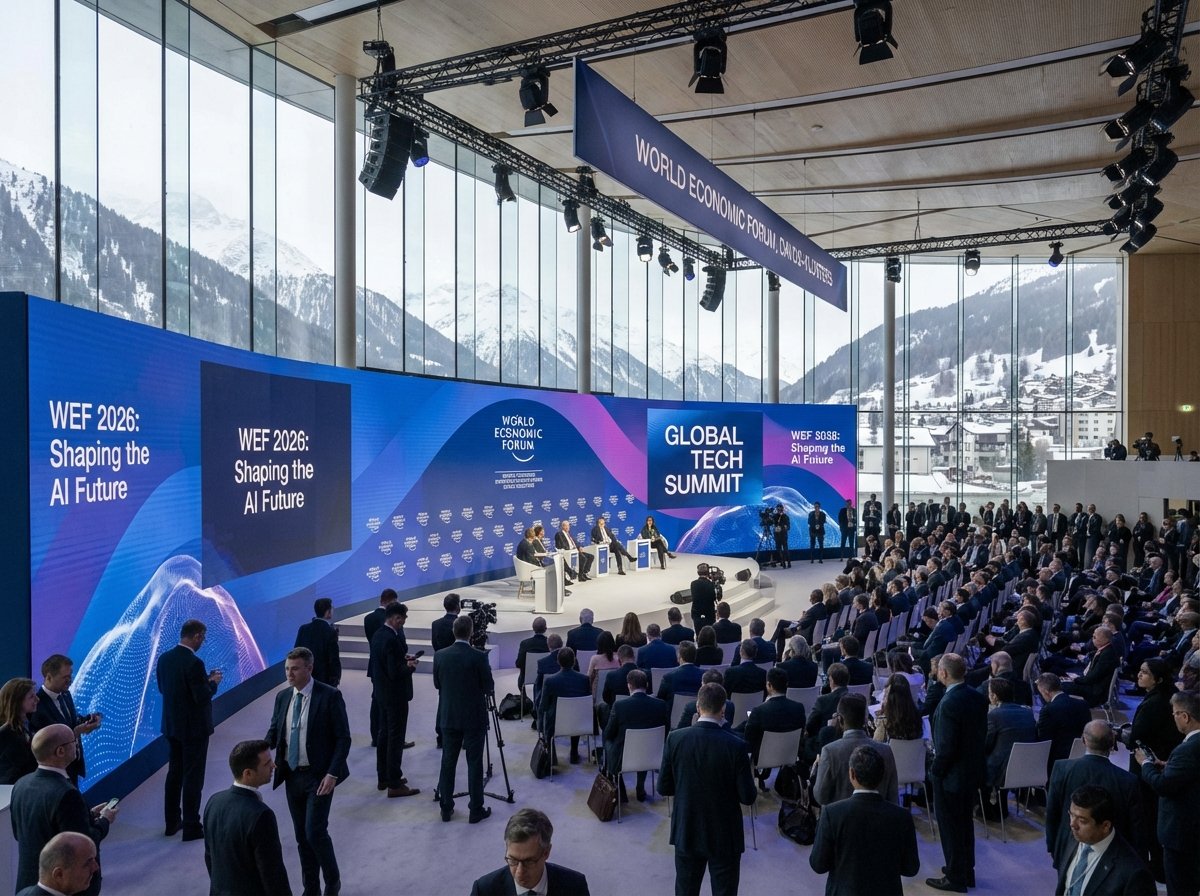 A wide professional shot of the World Economic Forum 2026 in Davos Switzerland, modern conference hall with AI and technology themes on digital screens, snowy mountains visible through large glass windows, professional atmosphere, 4:3