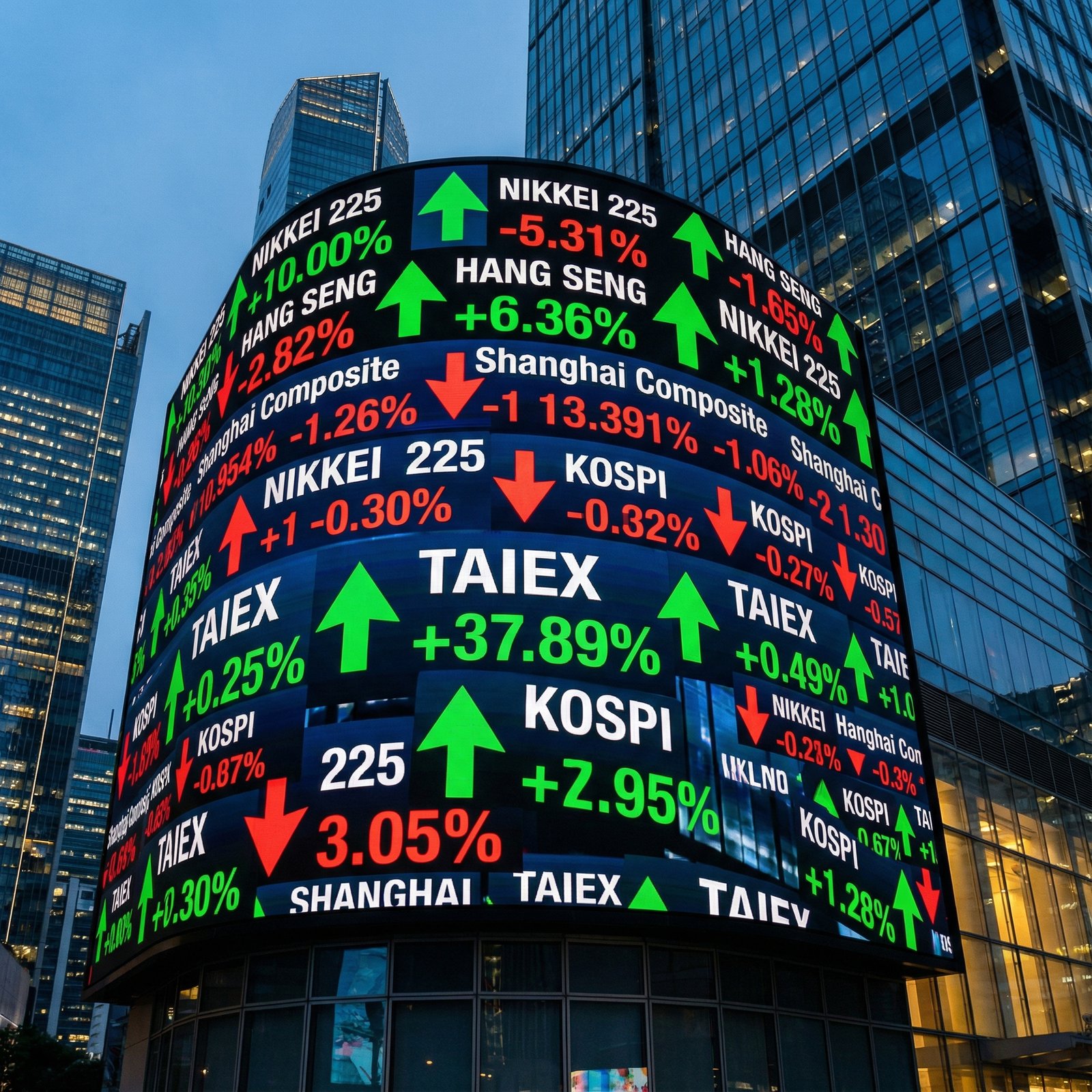 A professional digital display showing mixed Asian stock market indices with green and red arrows, modern financial district background, high contrast, 1:1 aspect ratio, no text