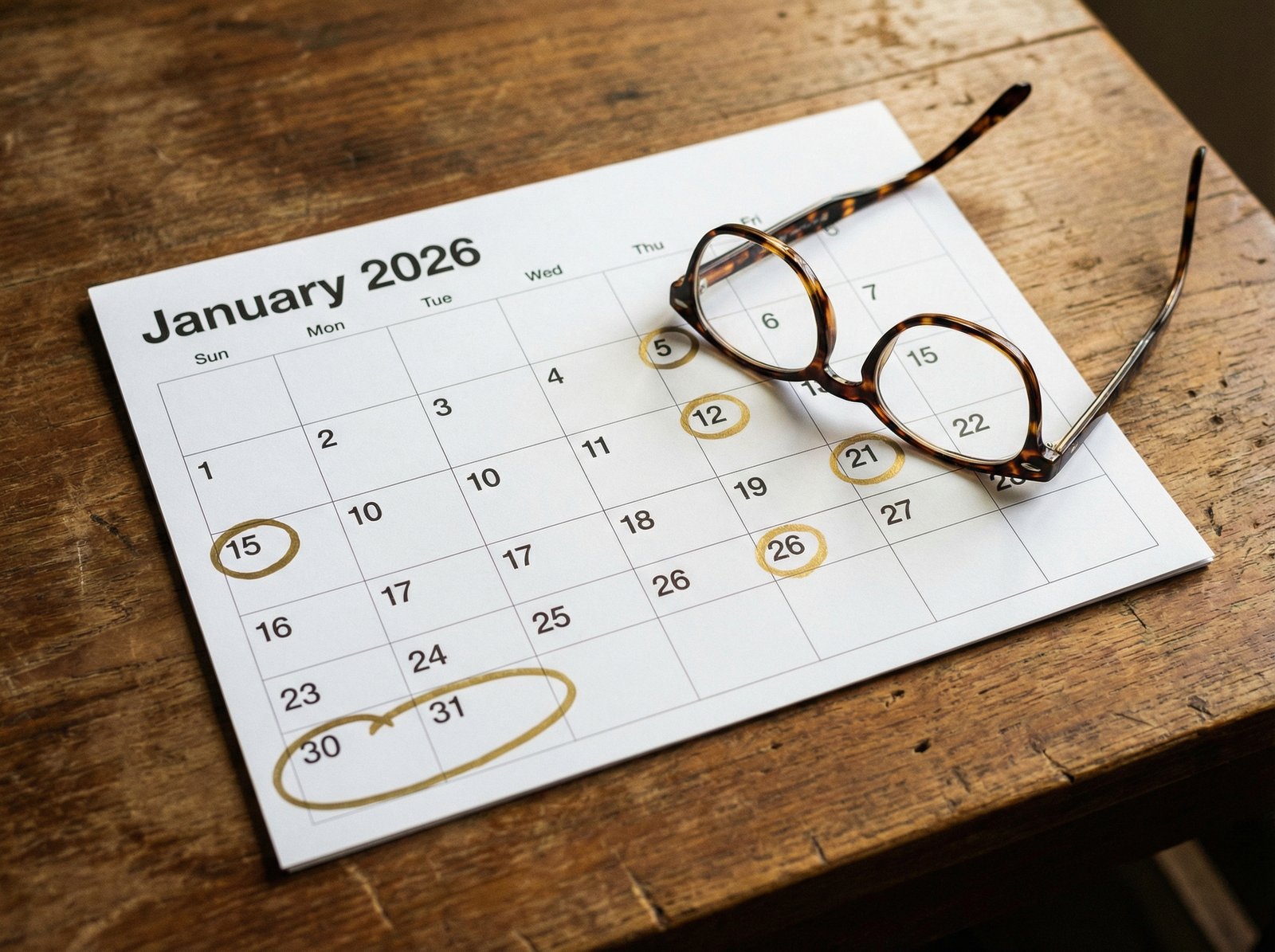 A close up photo of a paper calendar for January 2026 with specific dates circled in gold ink, a pair of glasses and a wooden desk background, professional lighting, realistic style, 4:3 aspect ratio, no text