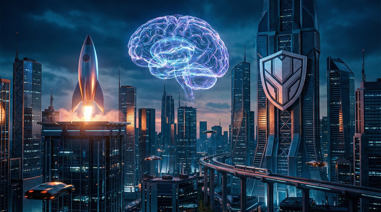 A futuristic representation of three major technology sectors: space exploration, artificial intelligence, and safety-focused neural networks. Symbolic elements like a sleek rocket, a glowing brain-like neural network, and a shield icon integrated into a modern high-tech skyline. High contrast, cinematic lighting, 16:9 aspect ratio, no text.