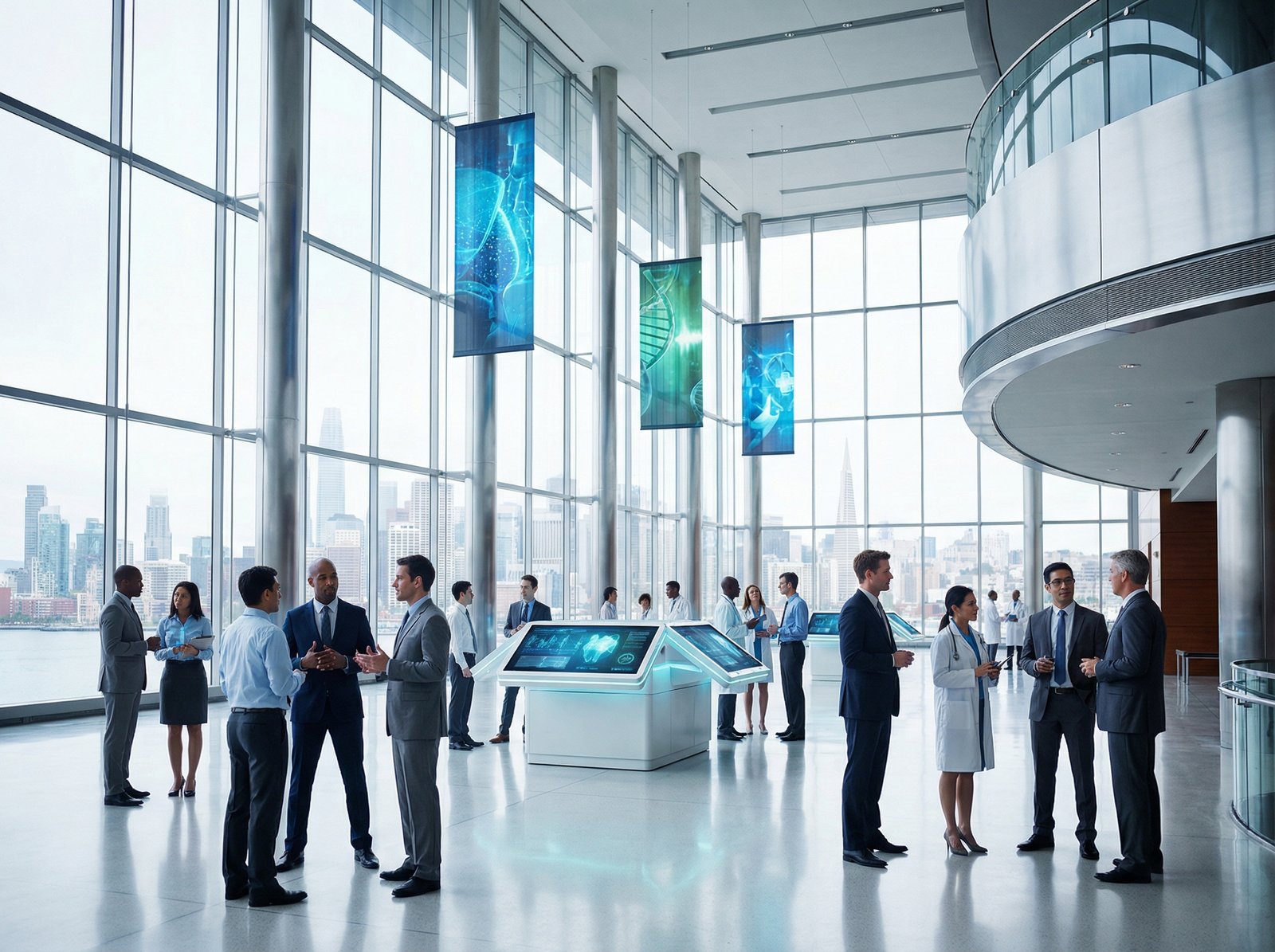 A professional and grand healthcare conference hall in San Francisco, futuristic banners with medical motifs, diverse group of professionals in business attire networking, high contrast, modern architecture, bright lighting, no text, 4:3