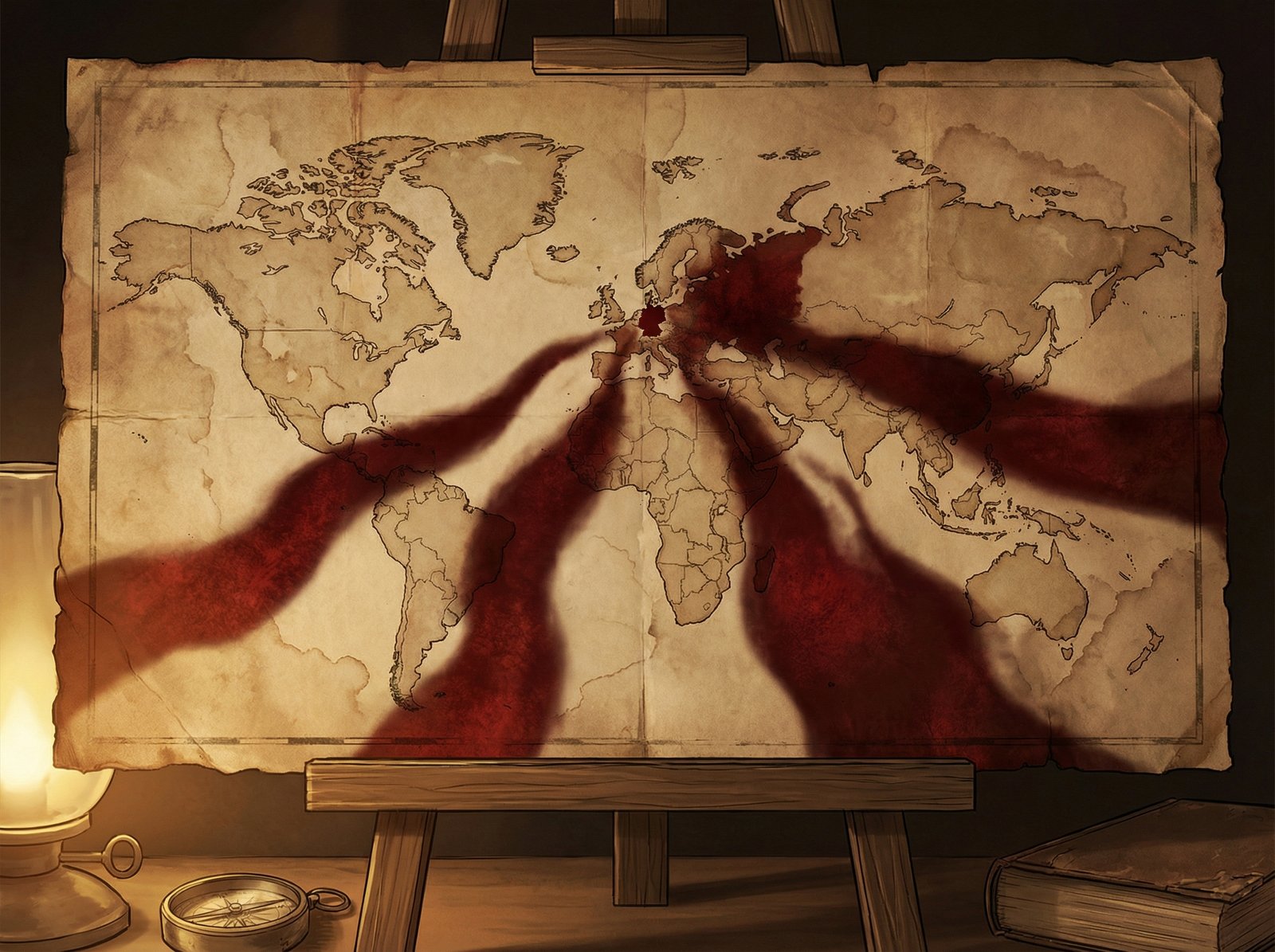 An artistic rendering of a 1940s world map with dark red shadows spreading across Europe, indicating a Nazi conquest, aged paper texture, dramatic lighting, 4:3 ratio, no text