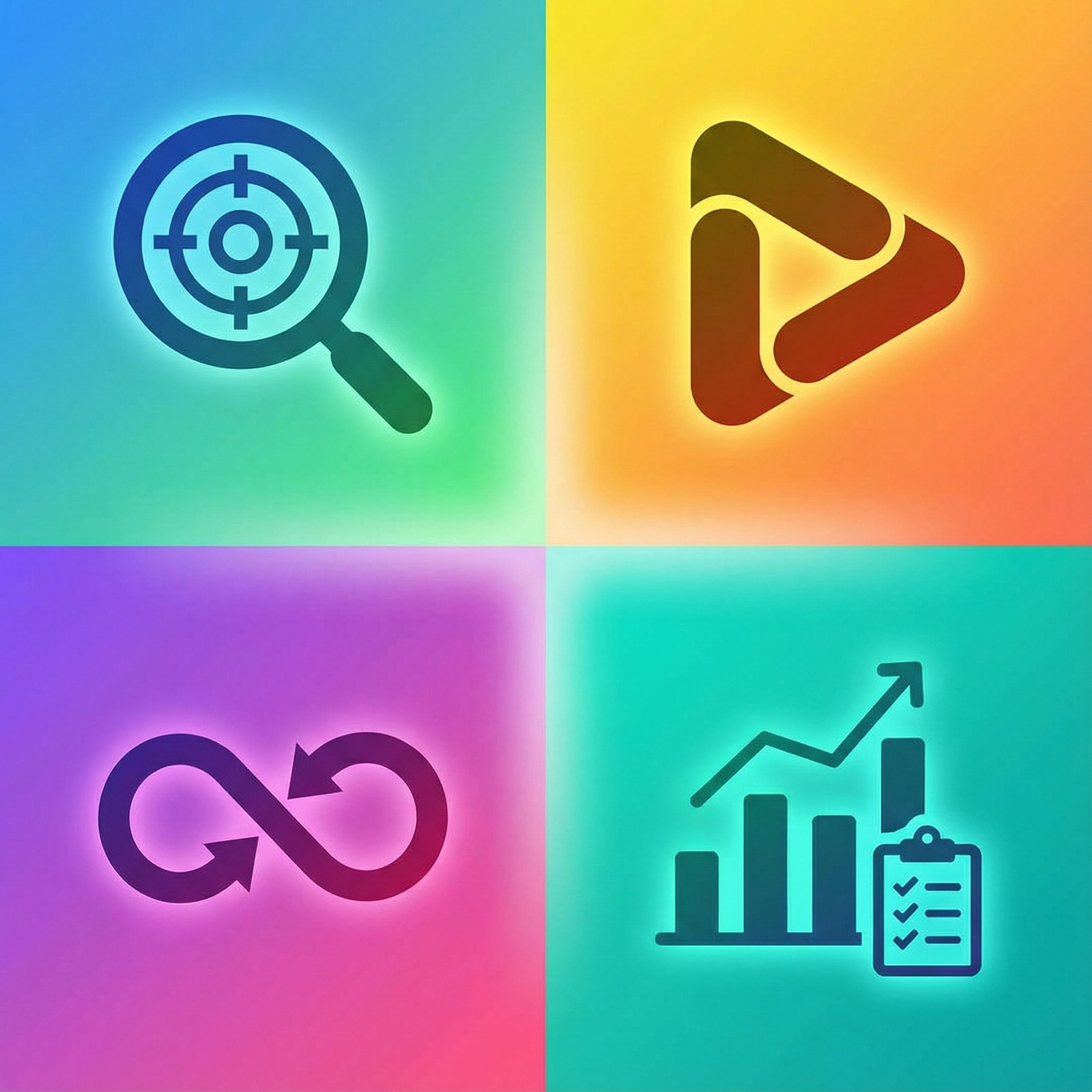 An infographic illustration showing four key criteria for a successful 'tiny experiment': purposeful, actionable, continuous, trackable. Each criterion has a small, relevant icon next to it, set against a colored, gradient background. Clean, modern layout, high contrast, no visible text, aspect ratio 1:1.