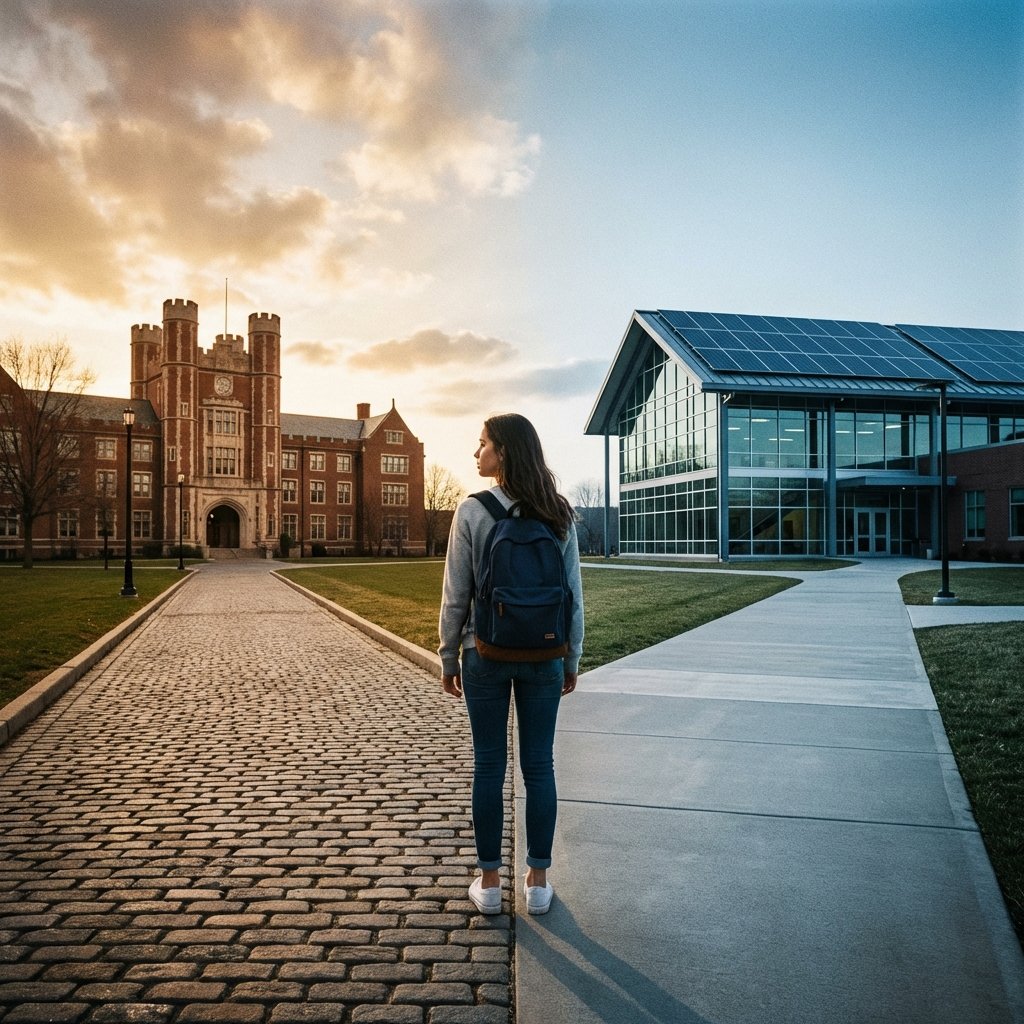 A modern high school student standing at a crossroads, one path leading to a traditional 4-year university building and the other leading to a modern vocational technology center, high contrast, clean layout, 1:1, no text