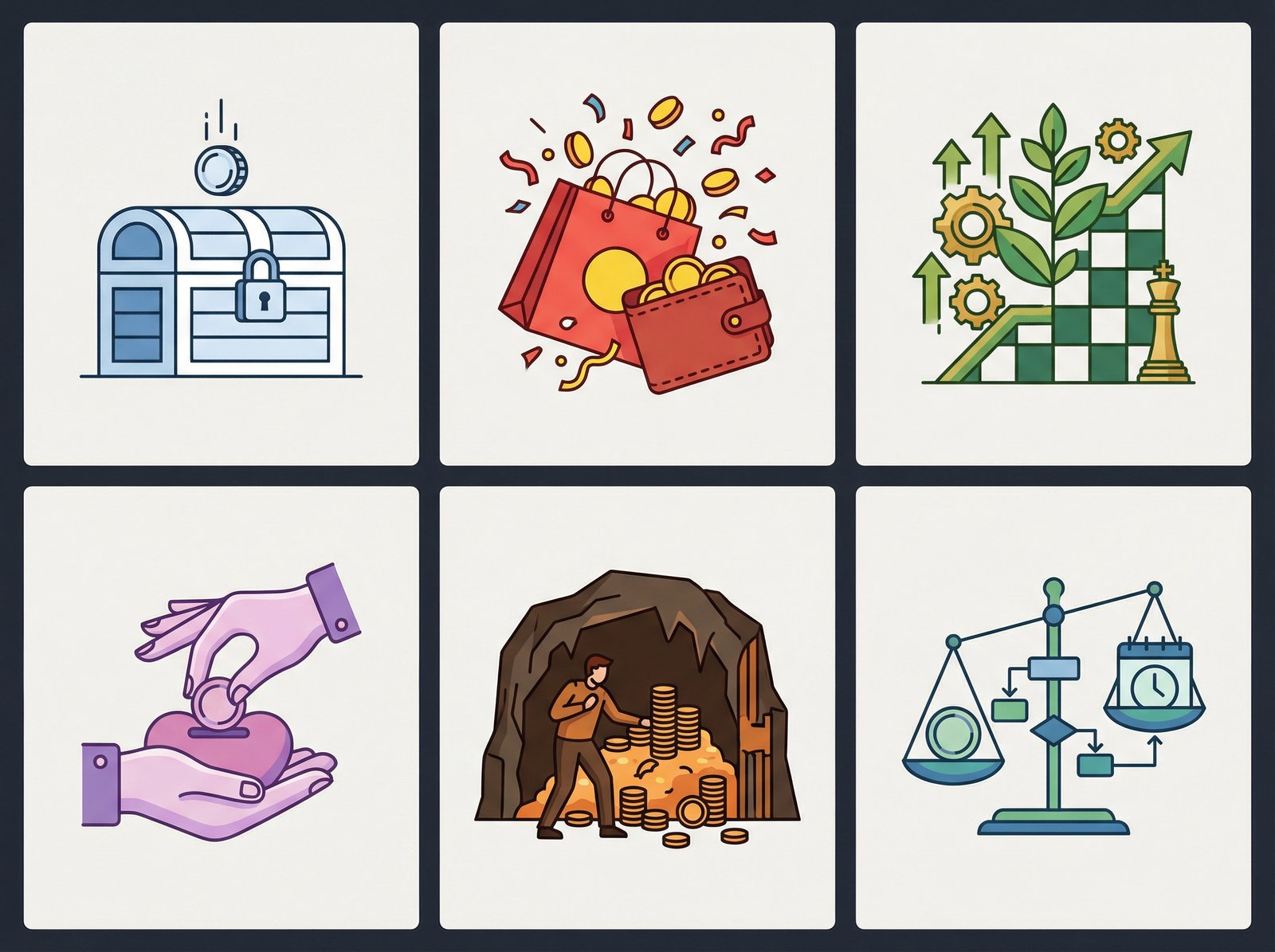 An infographic illustrating six distinct money personality types with subtle visual cues for each, a clean, modern layout with high contrast. No visible text, aspect ratio 4:3.