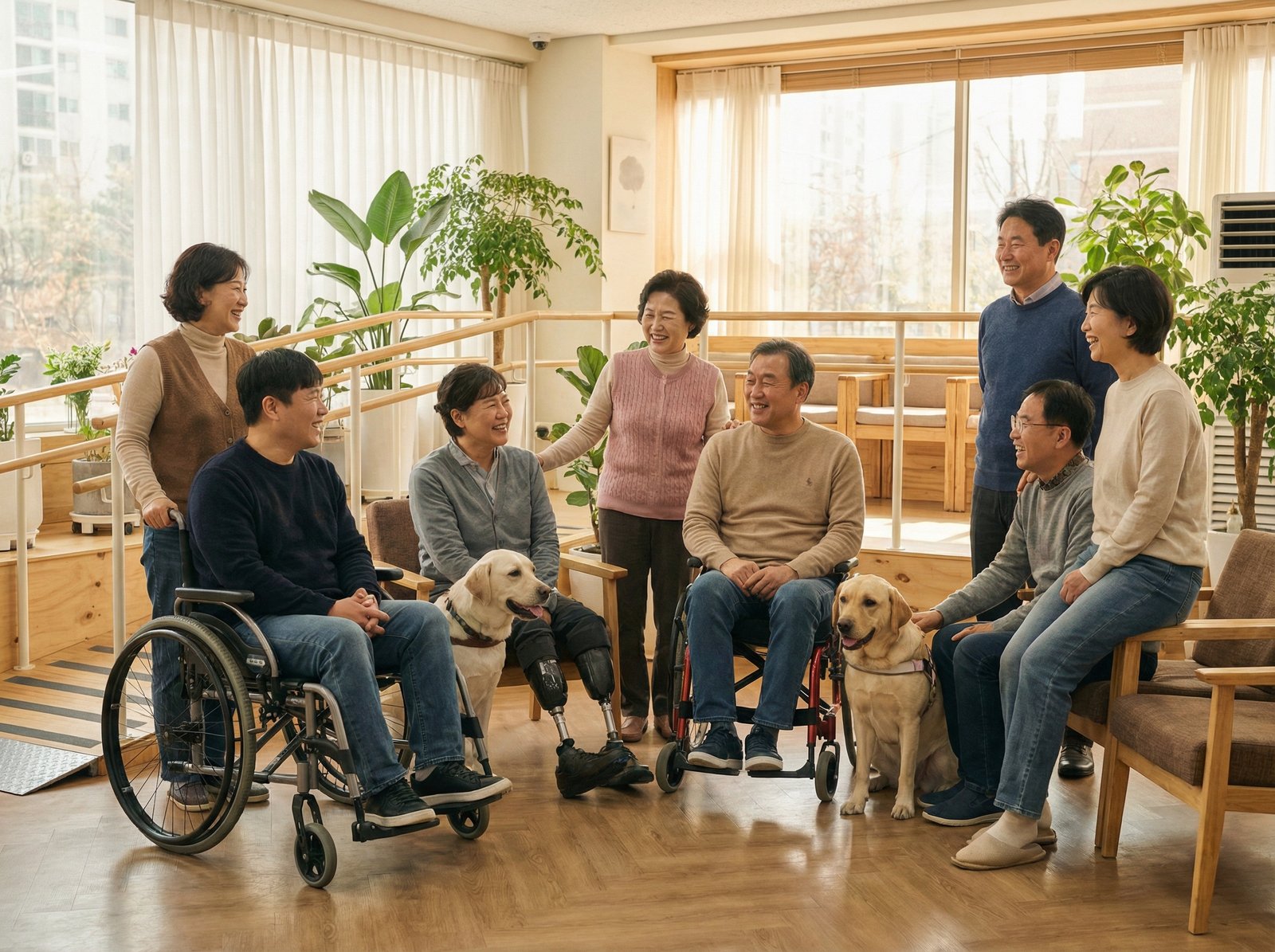 A diverse group of people with varying disabilities (Korean appearance, natural expressions) smiling and interacting in a bright, inclusive community space, symbolizing expanded eligibility and accessibility. Warm lighting, natural setting. Aspect ratio 4:3, no visible text.
