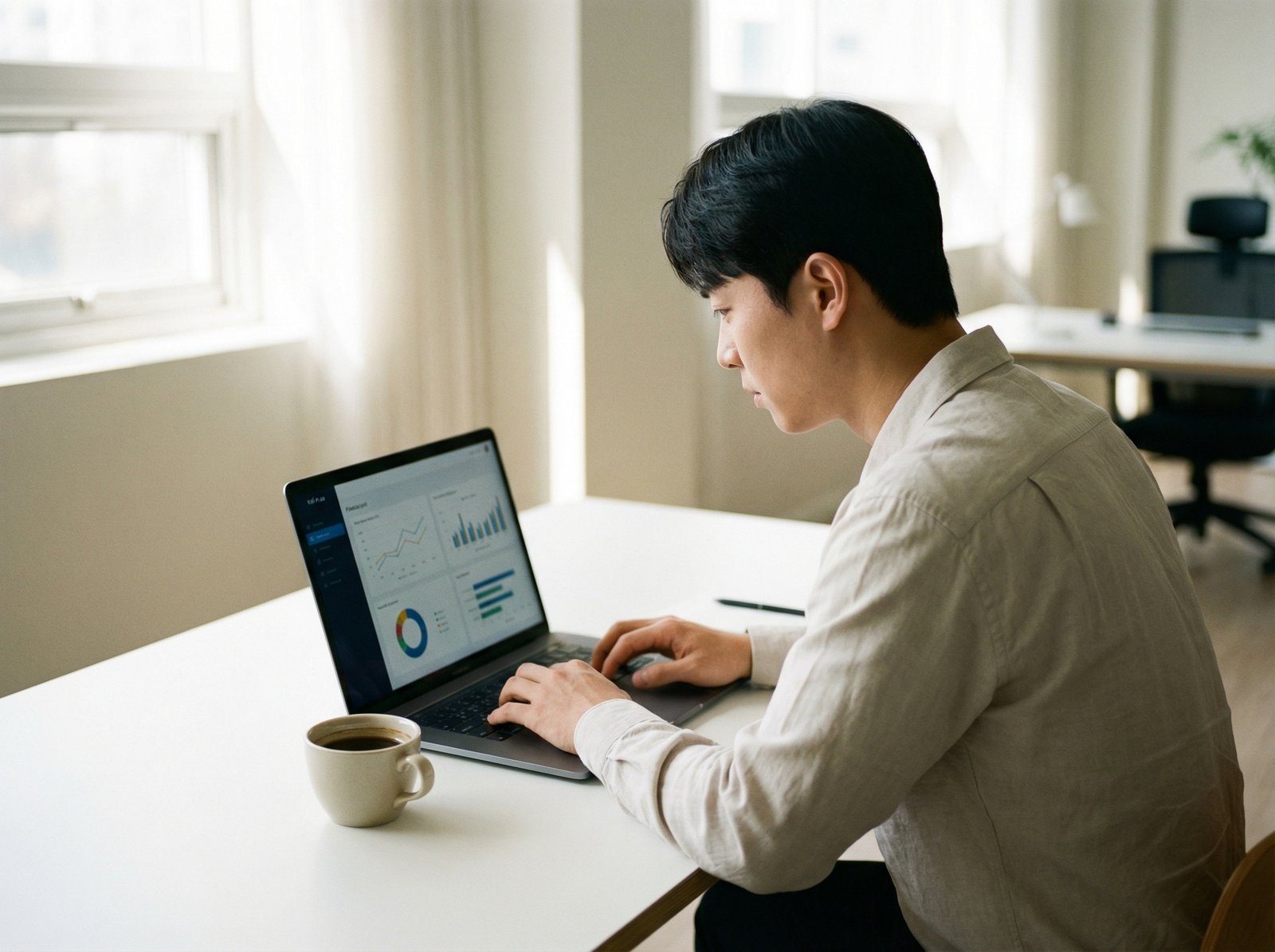 A person (Korean appearance, natural expression) sitting at a modern desk, attentively comparing different financial plan options on a laptop, with a cup of coffee nearby. The background is slightly blurred, suggesting focus on decision-making. Natural lighting. Aspect ratio 4:3, no visible text.