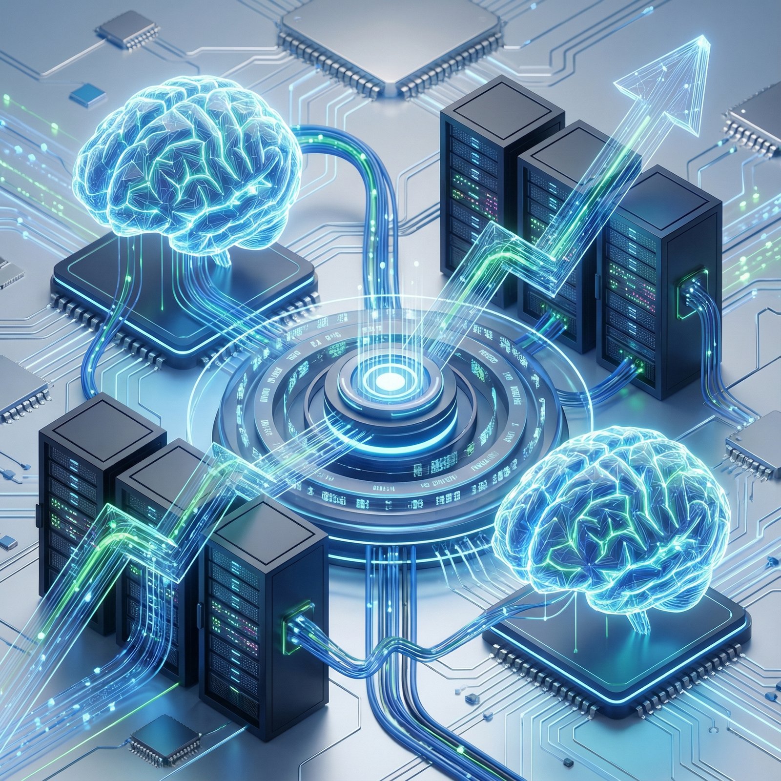 A sleek, futuristic infographic depicting interconnected AI brain networks and server racks, symbolizing technological innovation and growth in the stock market. Informational style, clean layout. Aspect ratio 1:1, no visible text, no Korean text.