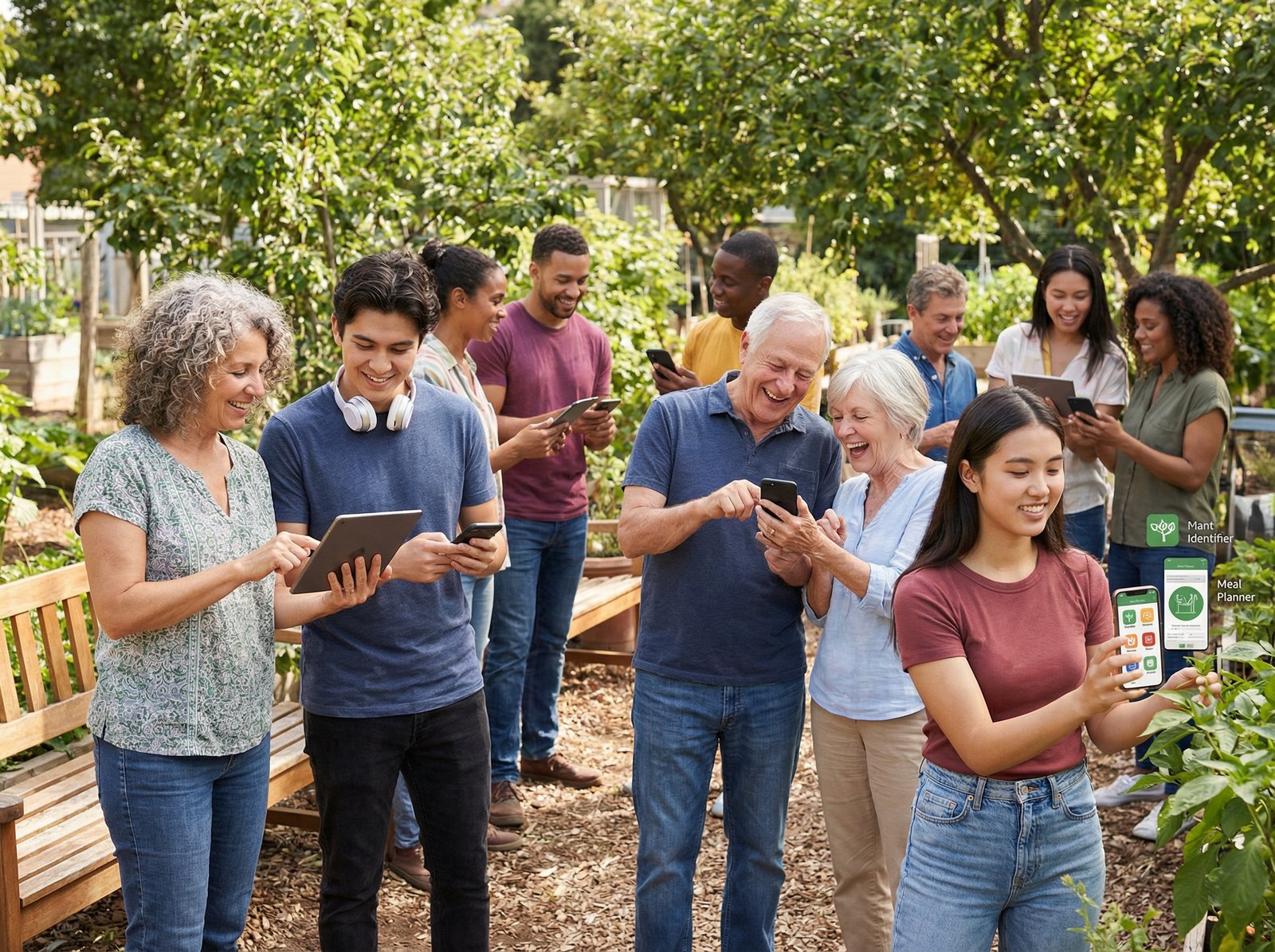 Diverse group of people, from young adults to older individuals, using various small, quirky AI apps on their smartphones and tablets in a relaxed, green outdoor setting. The focus is on practical, everyday use and community interaction. Aspect ratio 4:3, no visible text, lifestyle photography style.