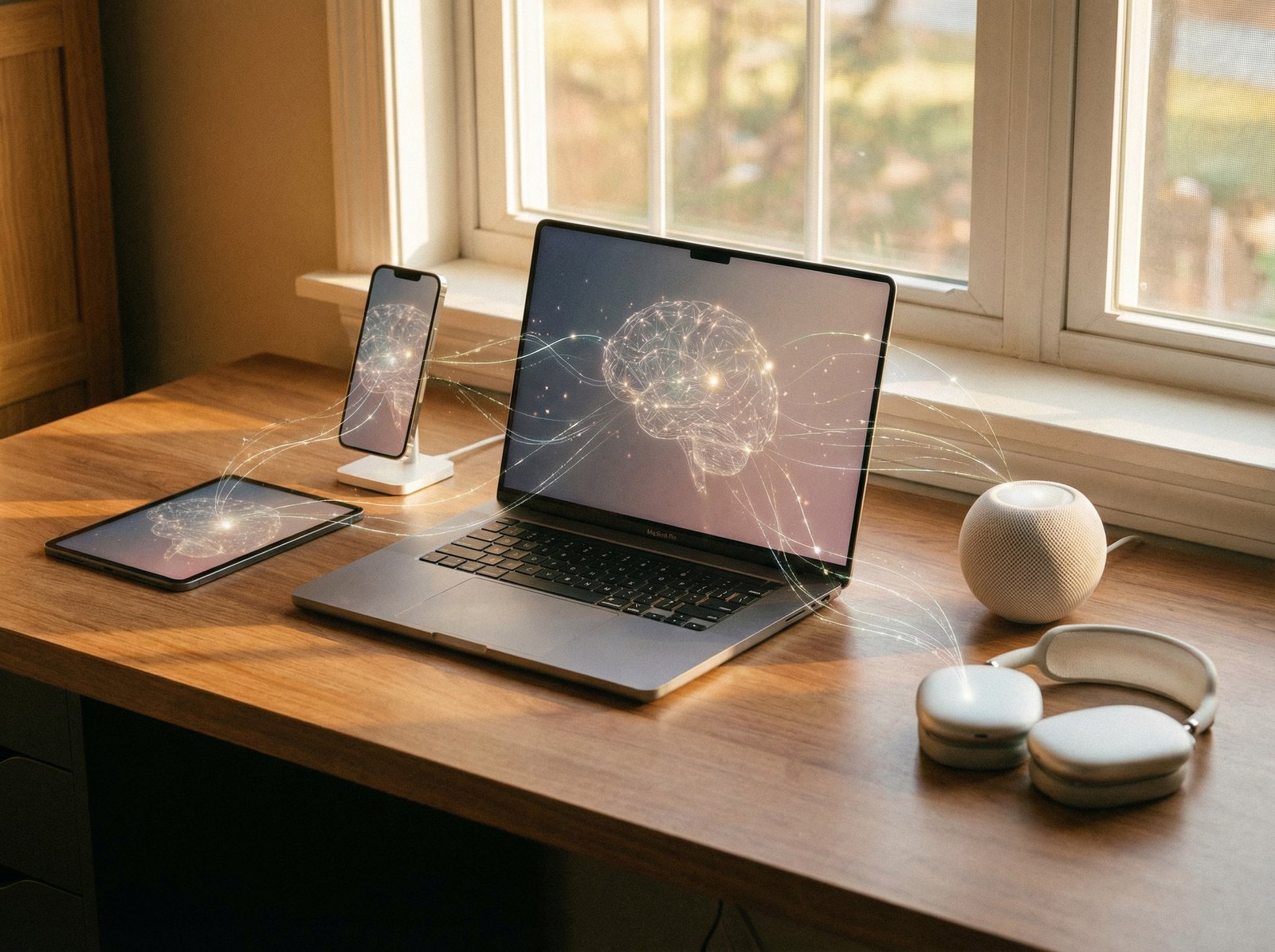A conceptual image showing various Apple devices (iPhone, Mac) subtly connected, representing an ecosystem, with subtle AI elements like neural networks or data flow. Lifestyle photography with warm lighting. Aspect ratio 4:3, no visible text.
