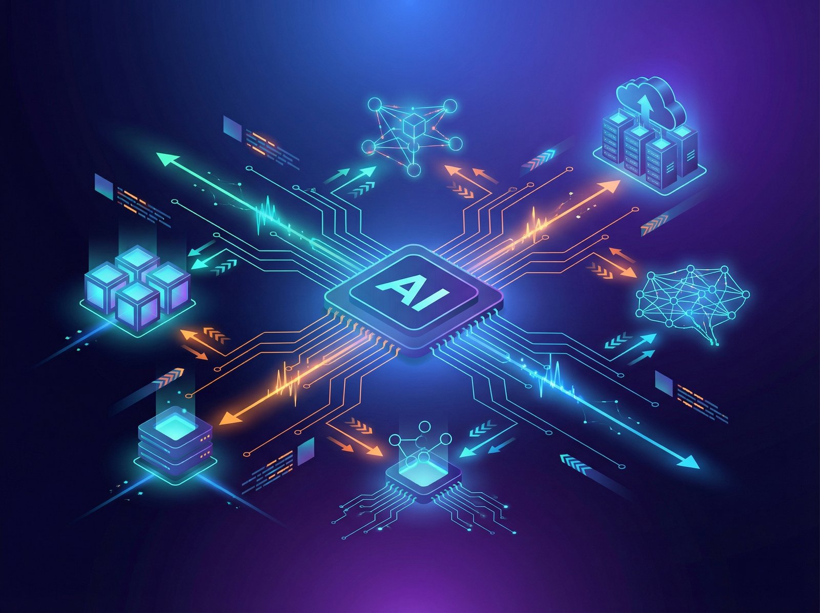 A sleek infographic showcasing AI chips and data flow. Modern, clean layout with high contrast and a dynamic composition. Colored background, centered focus. Aspect ratio 4:3, no visible text, no Korean text.