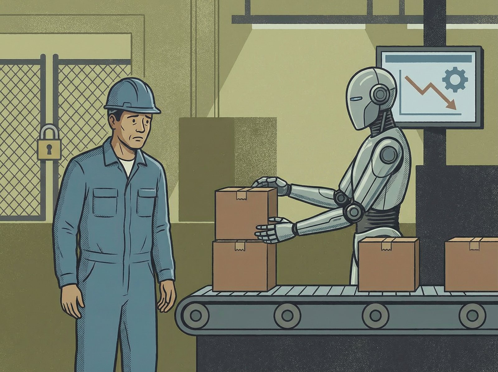 An illustration of a worried worker looking at a robot, symbolizing AI's impact on job cuts and a slowing labor market. Informational style, muted colors. Aspect ratio 4:3. No visible text.