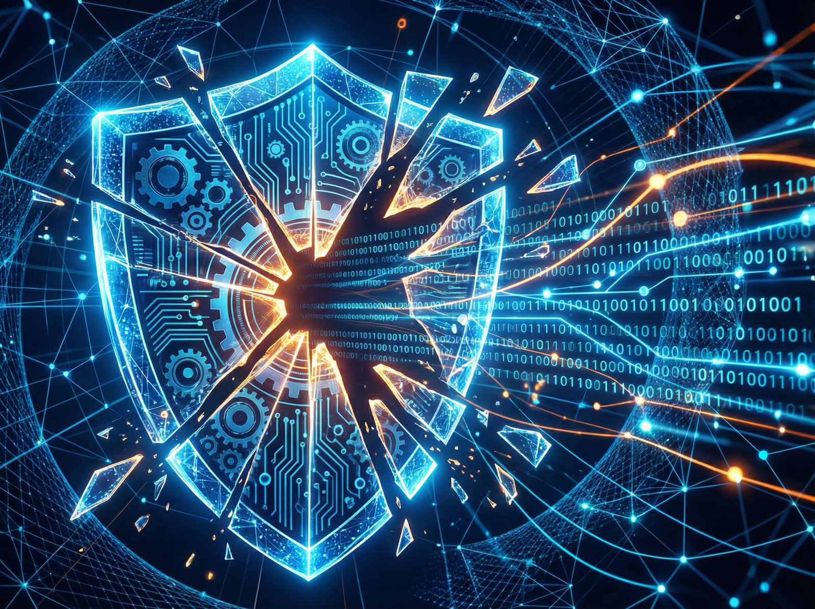 Abstract illustration representing AI ethics and a shattered shield, with digital data flowing in the background, informational style, high contrast, 4:3 aspect ratio, no visible text