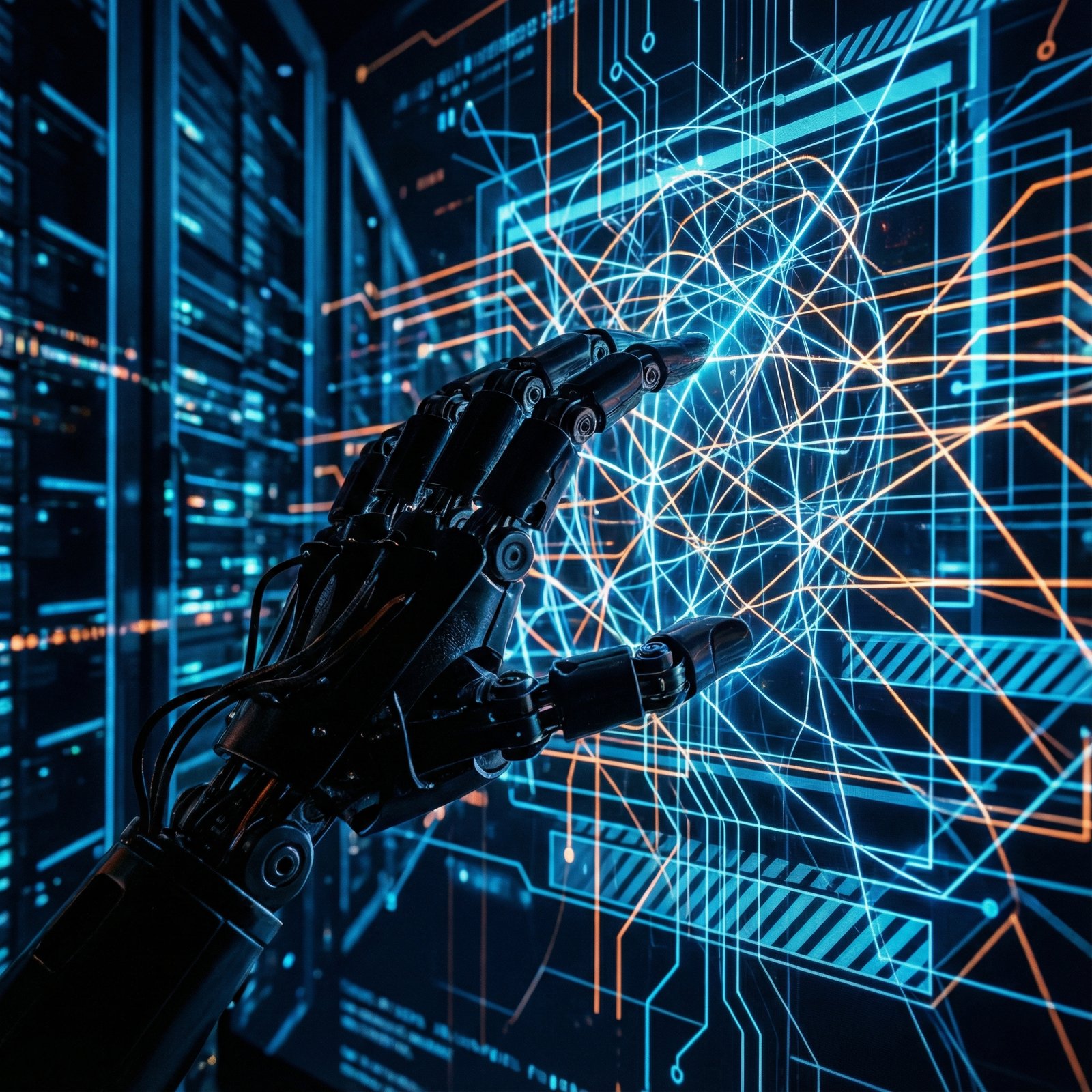 A complex network of digital security barriers and a looming AI robot hand, depicting a struggle for control over digital ethics, modern layout, high contrast, 1:1 aspect ratio, no visible text